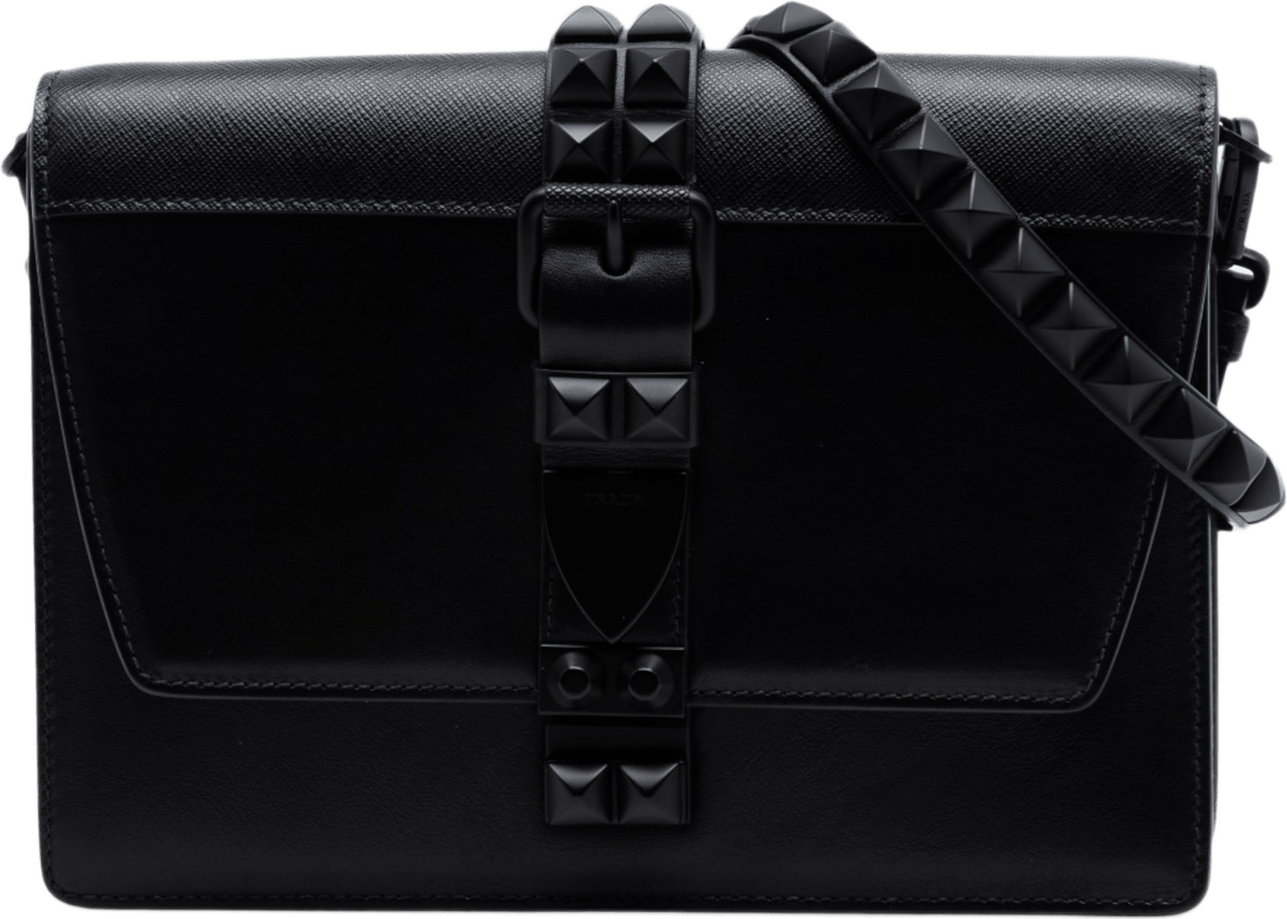 Prada Saffiano Trimmed Studded City Calf Elektra Crossbody, från Luxclusif, i färgen black.