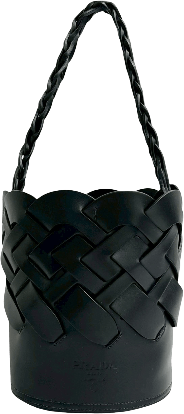 Prada Vitello Intreccio Tress Bucket Bag, från Luxclusif, i färgen black.