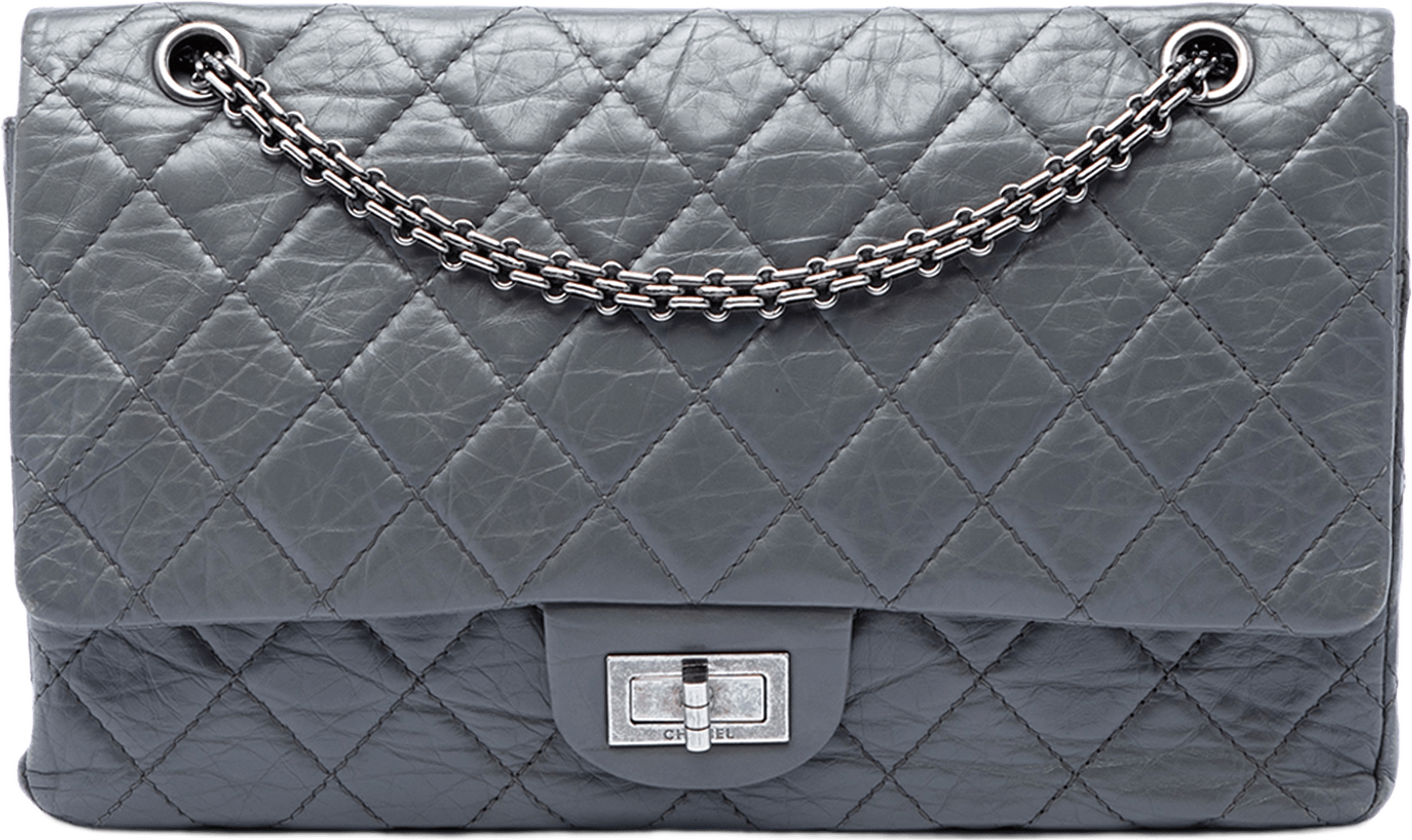 Chanel Quilted Aged Calfskin Reissue 2.55 Double Flap 227, från Luxclusif, i färgen grå.