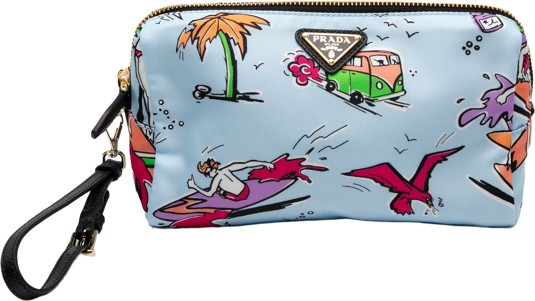 Prada Tessuto Stampato Surf Cosmetic Pouch, från Luxclusif, i färgen light blue.