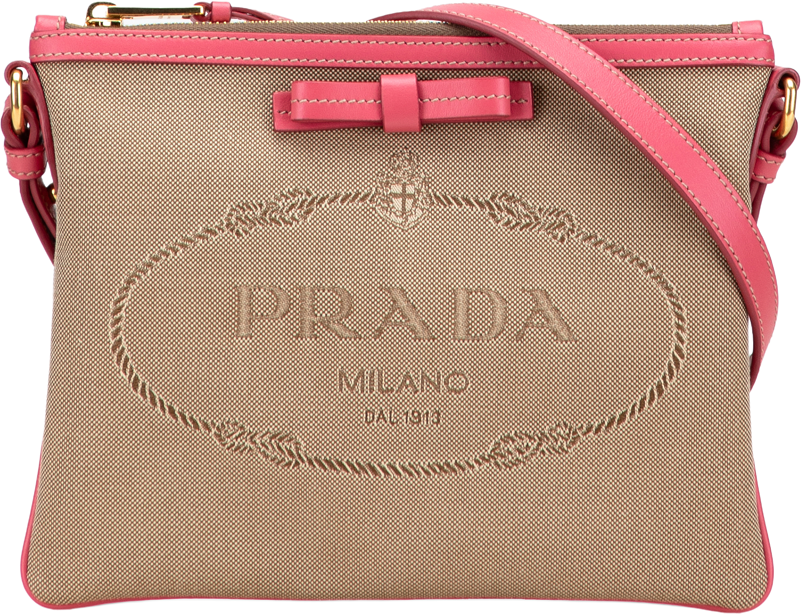Prada Canvas Canapa Logo Bow Crossbody, från Luxclusif, i färgen beige.