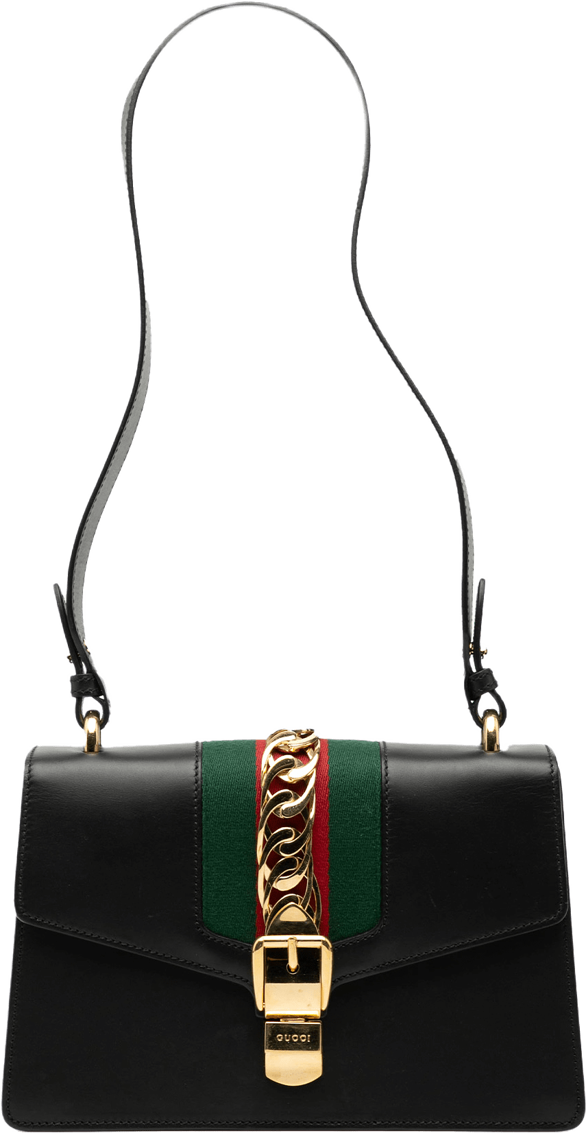 Gucci Small Leather Web Sylvie Satchel, från Luxclusif, i färgen black.