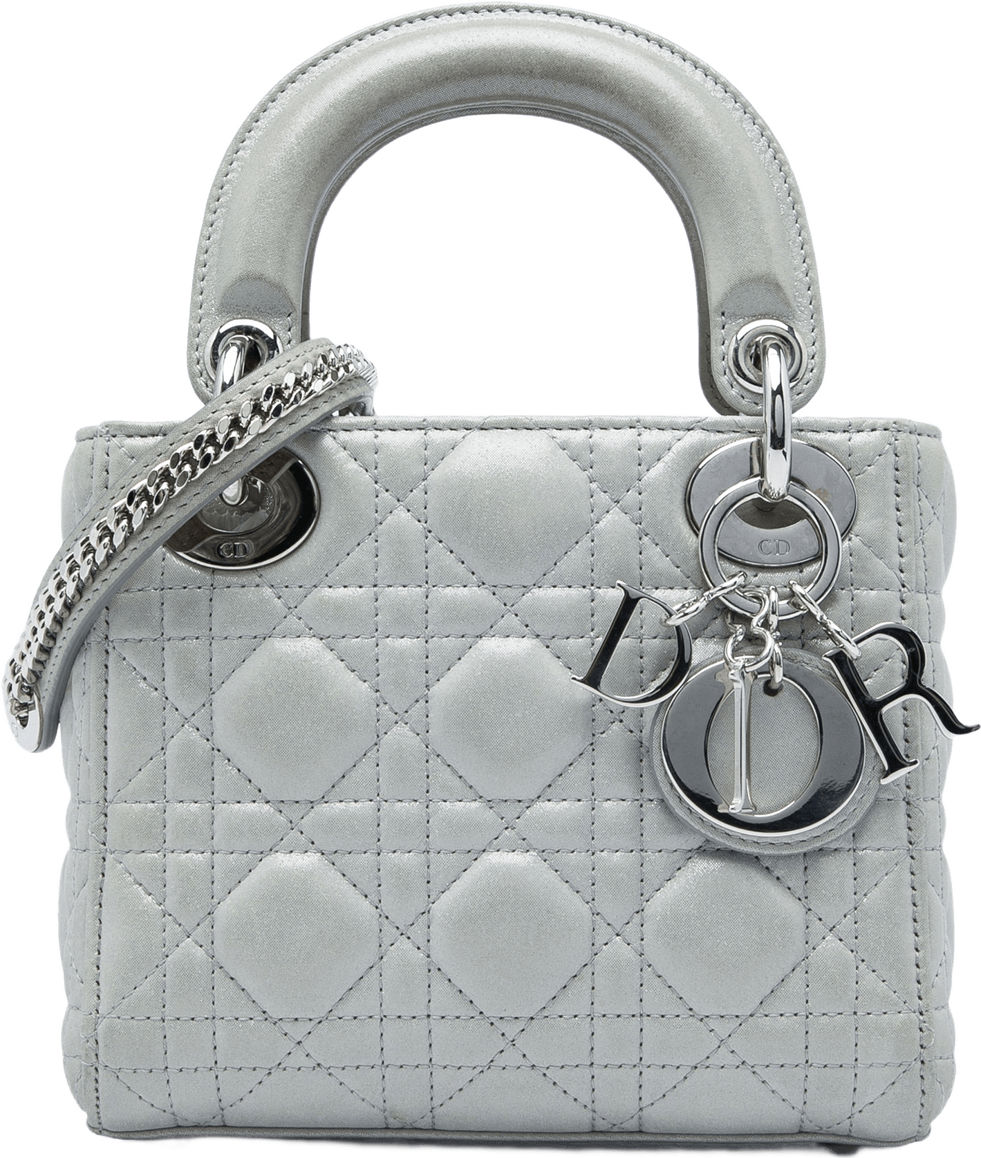 Dior Mini Iridescent Lambskin Cannage Lady Dior, från Luxclusif, i färgen silver.