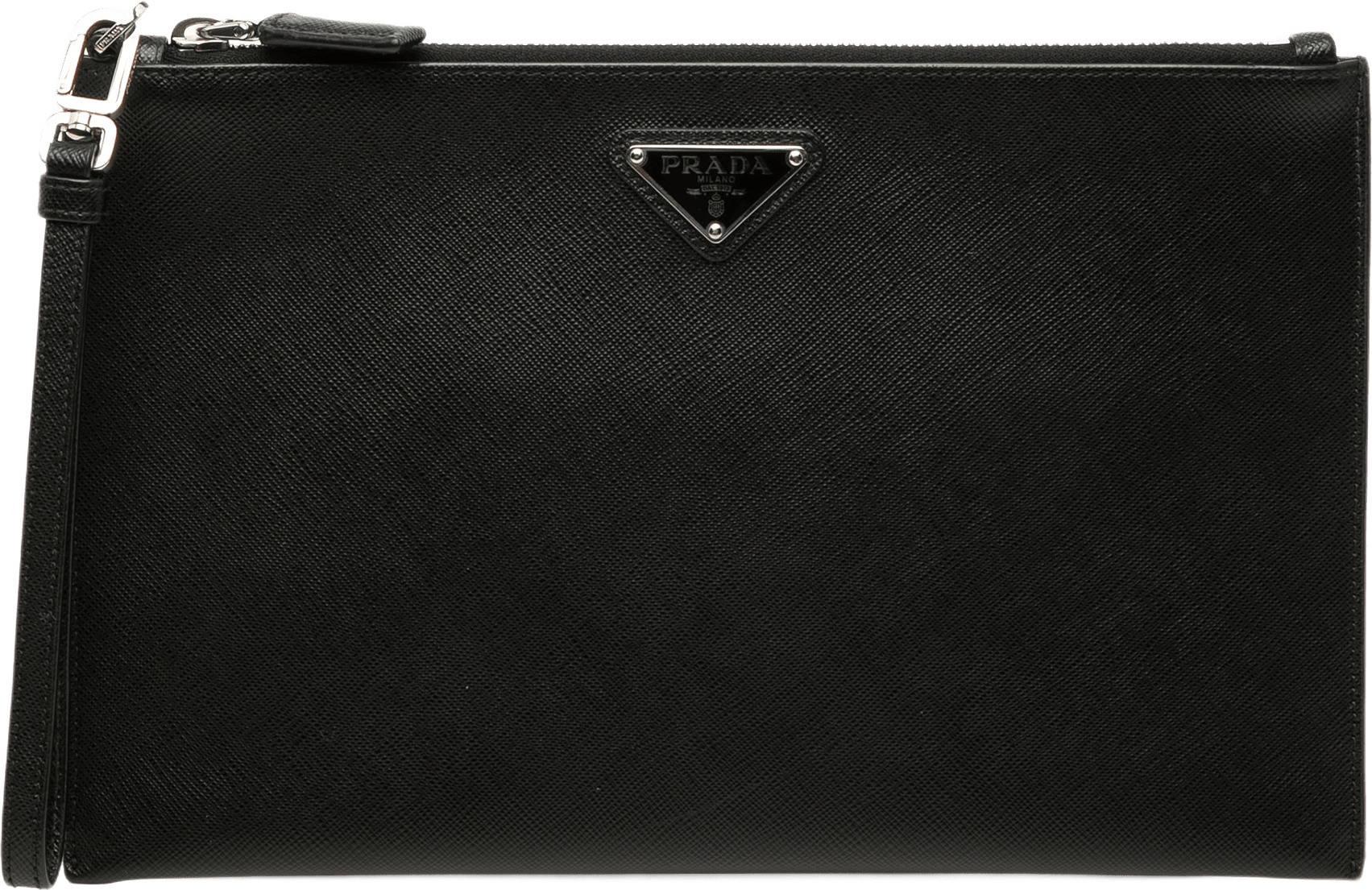Prada Saffiano Wristlet Clutch, från Luxclusif, i färgen svart.