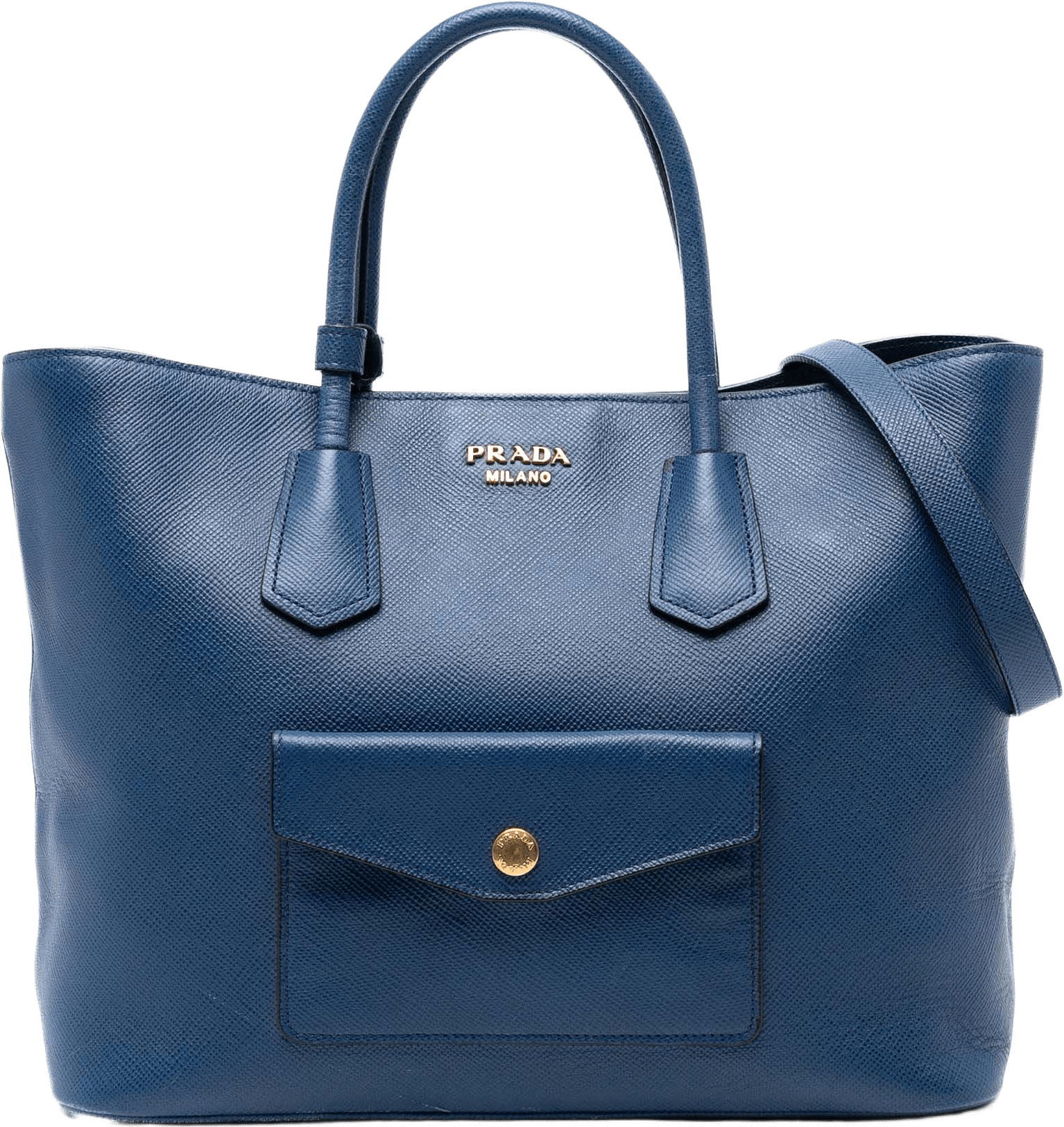 Prada Saffiano Cuir Front Pocket Convertible Tote, från Luxclusif, i färgen blue.