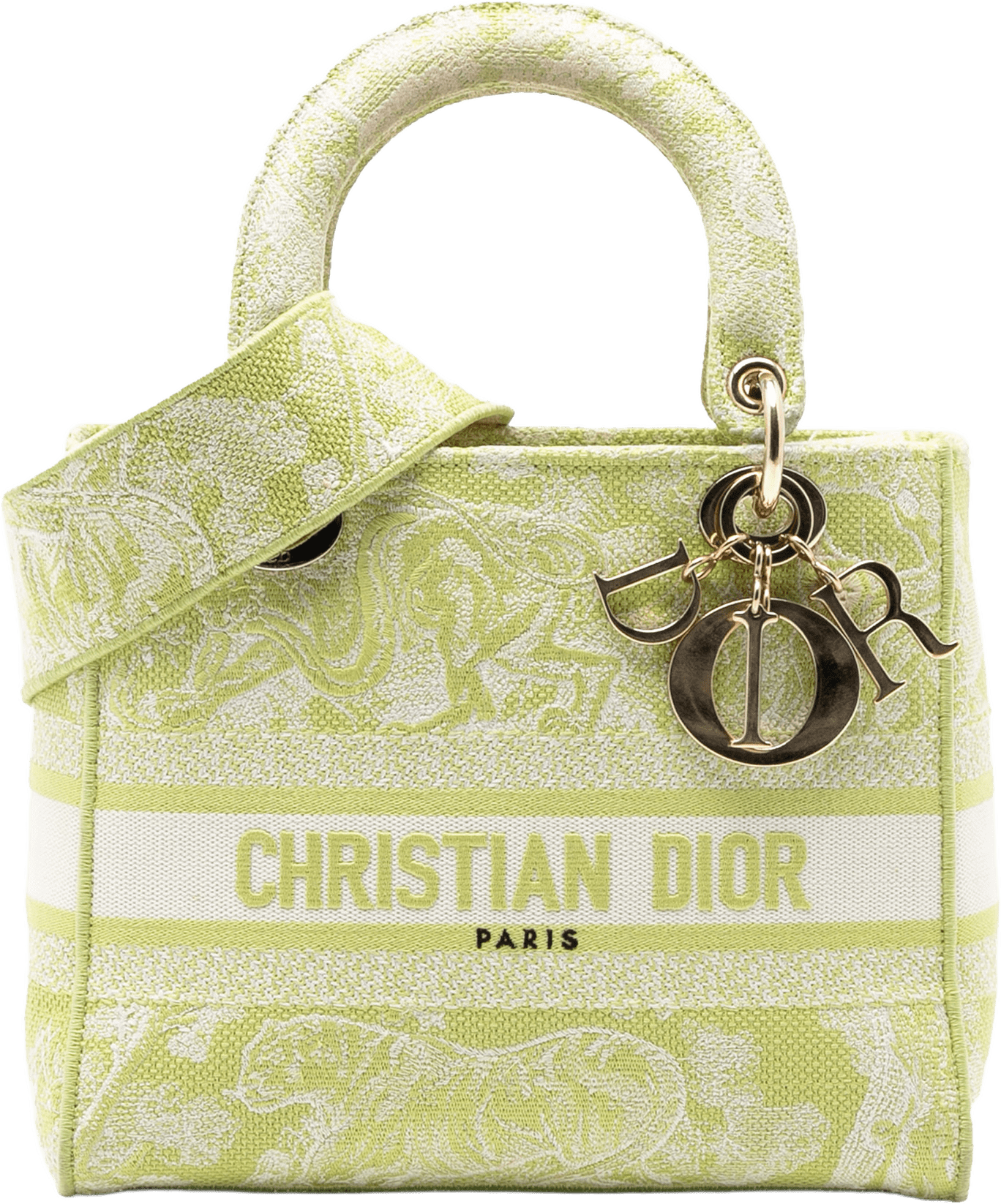 Dior Medium Embroidered Canvas Toile De Jouy Lady D Lite, från Luxclusif, i färgen lime.