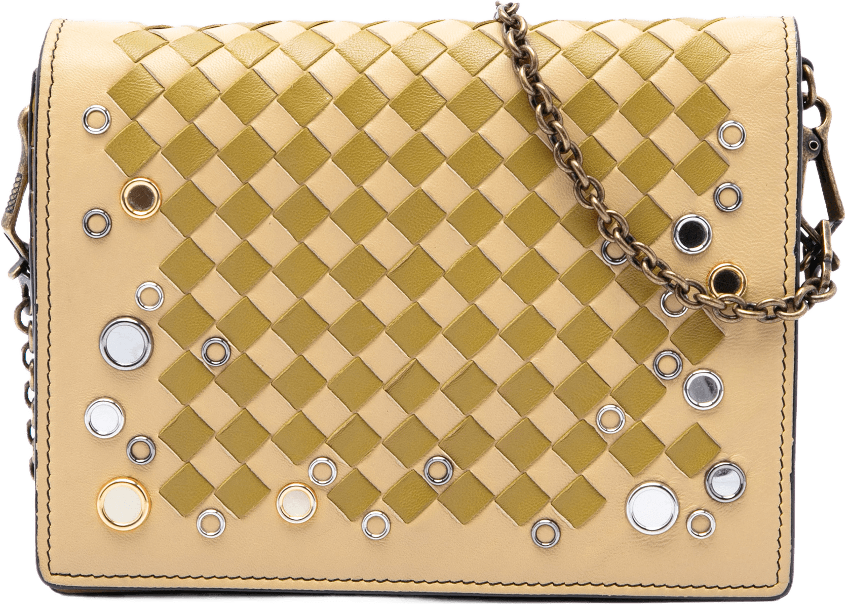 Bottega Veneta Nappa Intrecciato Studded Wallet On Chain, från Luxclusif, i färgen gul.