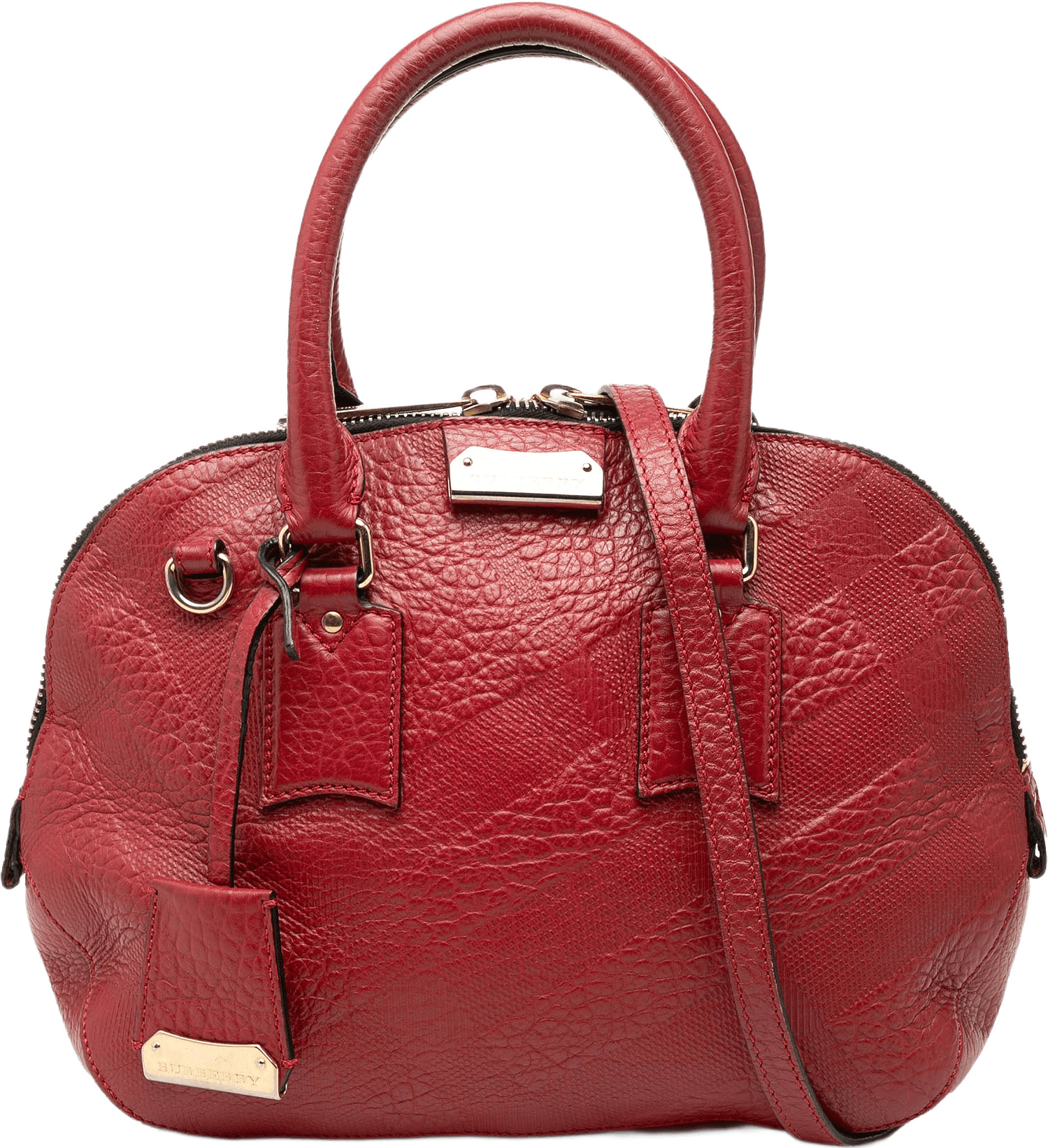Burberry Small Heritage Grain Check Embossed Leather Orchard Bowling Bag, från Luxclusif, i färgen red.