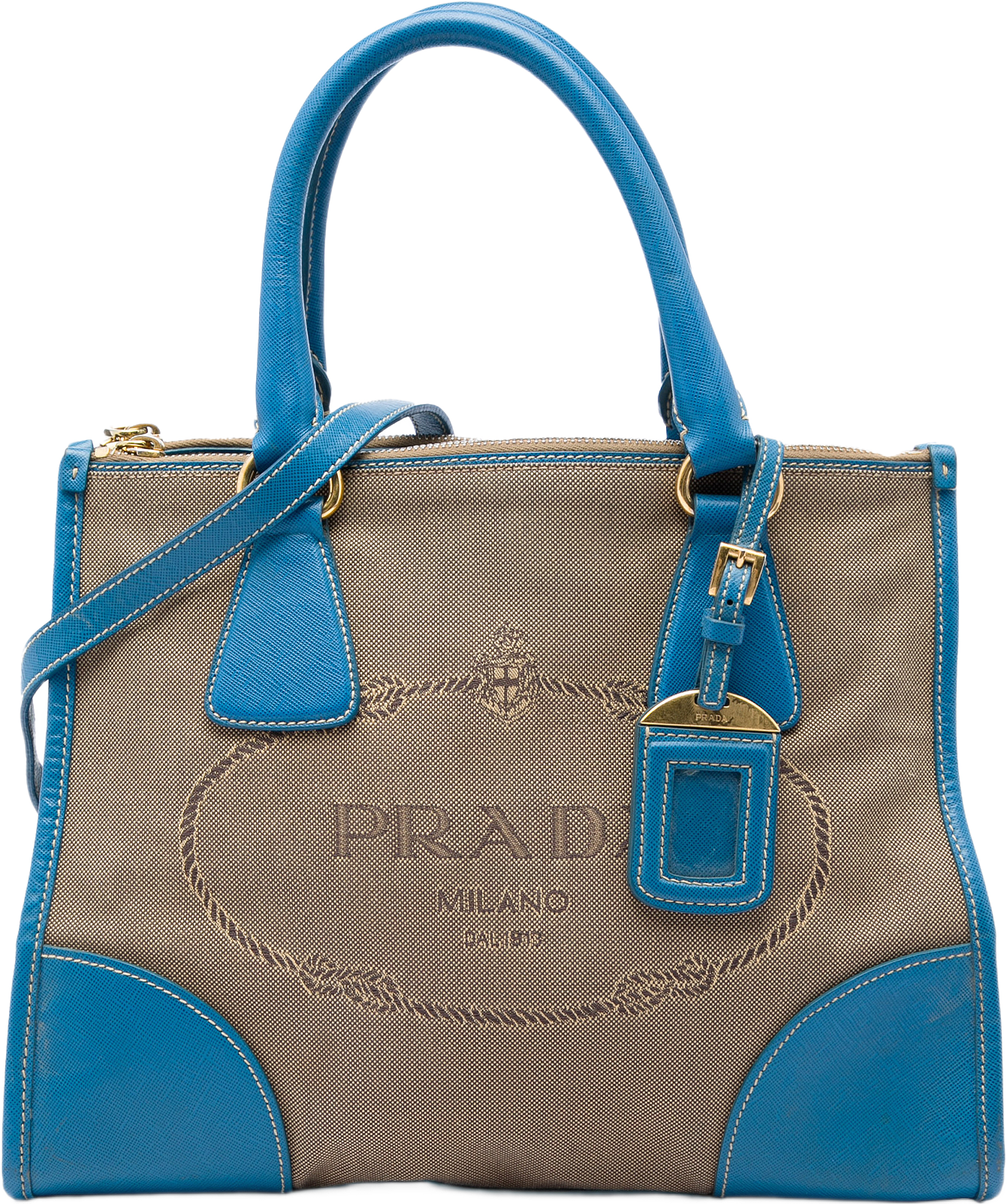 Prada Saffiano Trimmed Canvas Canapa Logo Double Zip Satchel, från Luxclusif, i färgen brun.