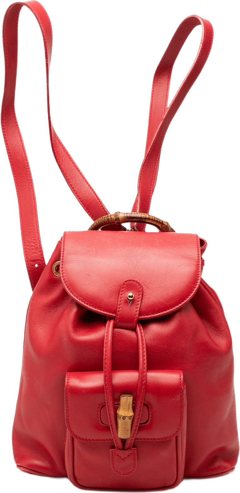Gucci Calfskin Bamboo Drawstring Backpack, från Luxclusif, i färgen röd.