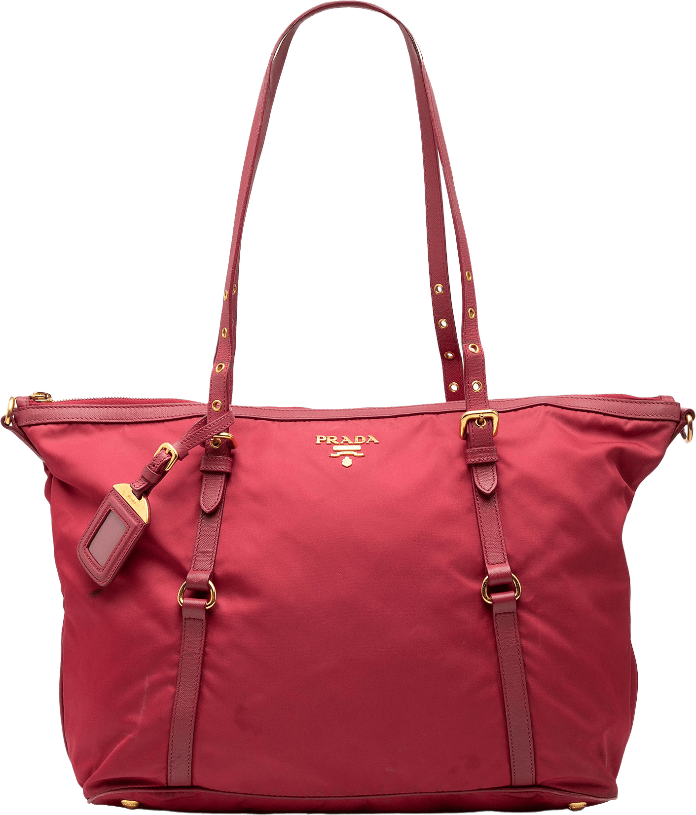 Prada Saffiano Trimmed Tessuto Zip Top Convertible Tote, från Luxclusif, i färgen red.