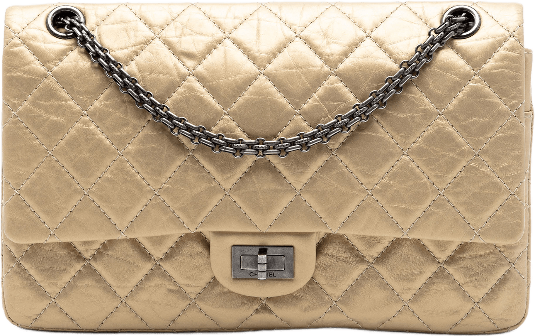 Chanel Quilted Metallic Aged Calfskin Reissue 2.55 Double Flap 226, från Luxclusif, i färgen gold.