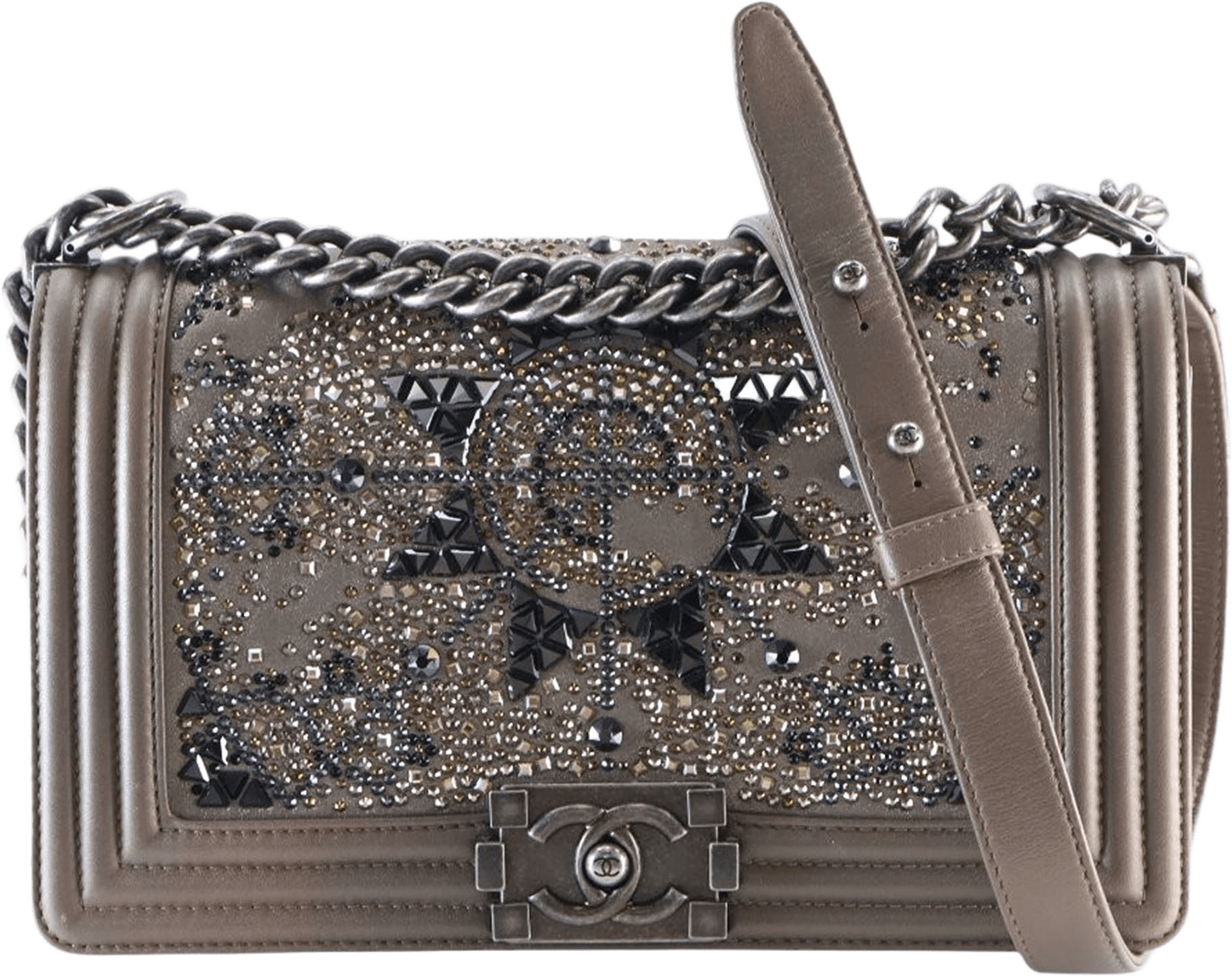 Chanel Old Medium Metallic Goatskin Crystal Boy Flap, från Luxclusif, i färgen taupe.