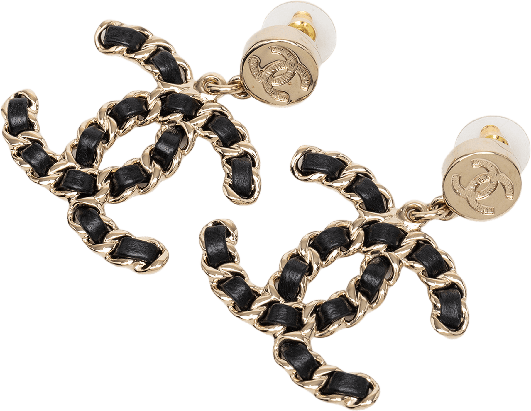 Chanel Cc Gold Plated Leather Woven Chain Push Back Earrings, från Luxclusif, i färgen light gold.