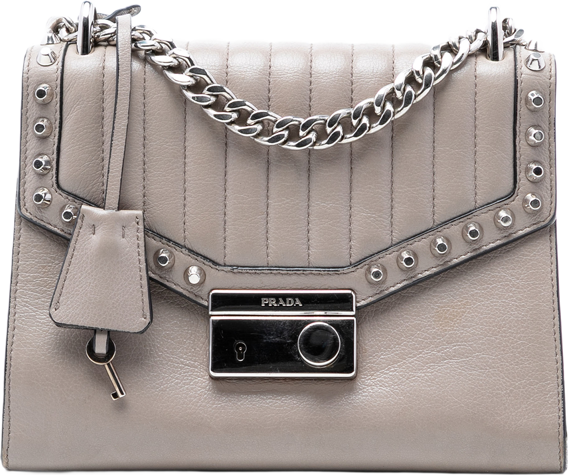 Prada Studded Glace Calf Sound Lock Crossbody, från Luxclusif, i färgen gray.