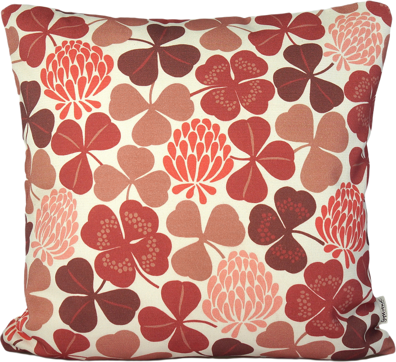 Kuddfodral Lyckoklöver, från Gyllstad, i färgen röd-rosa.