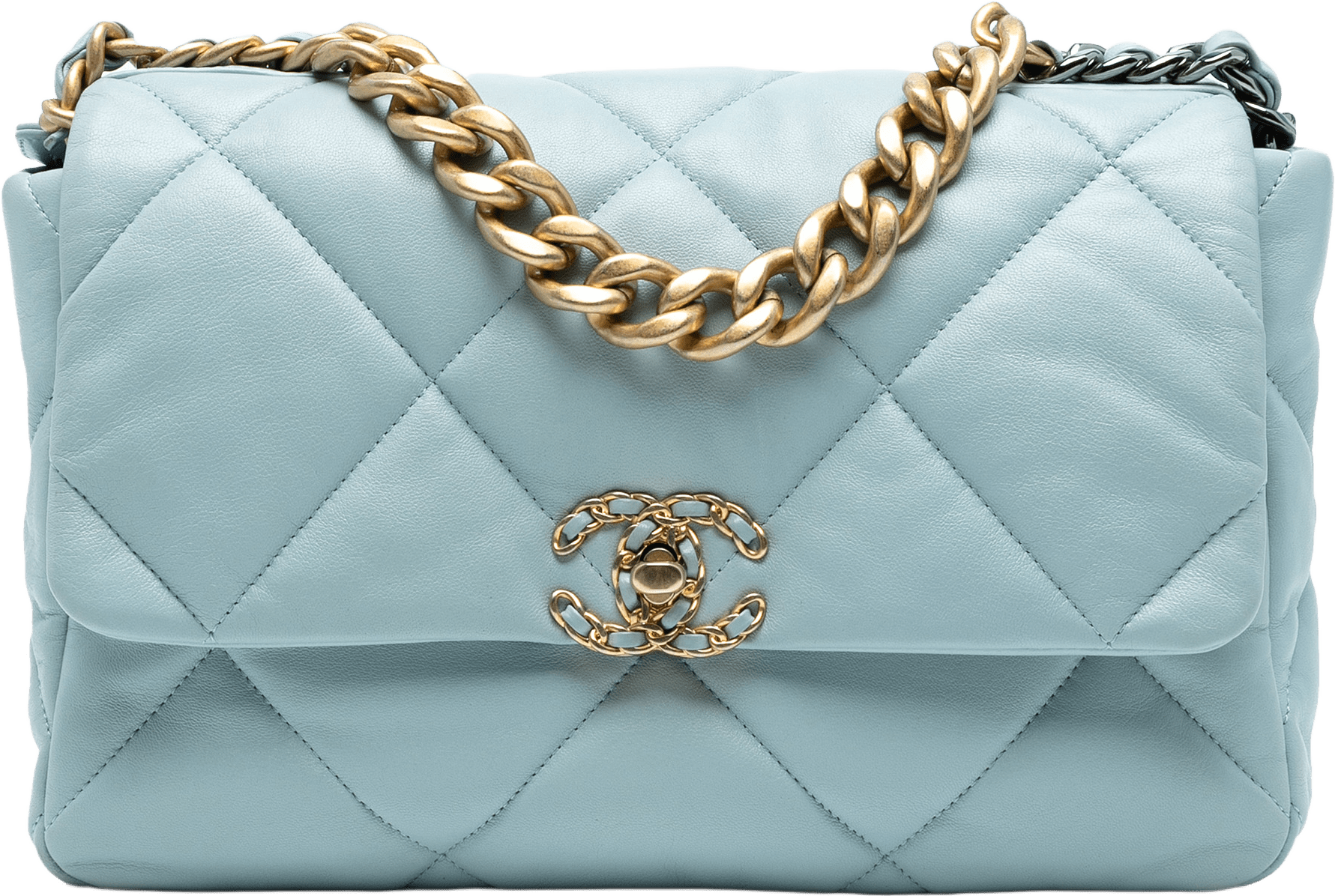 Chanel Large Lambskin 19 Flap, från Luxclusif, i färgen light blue.