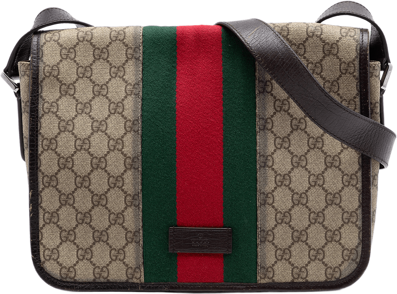 Gucci Medium Gg Supreme Web Flap Messenger Bag, från Luxclusif, i färgen beige.