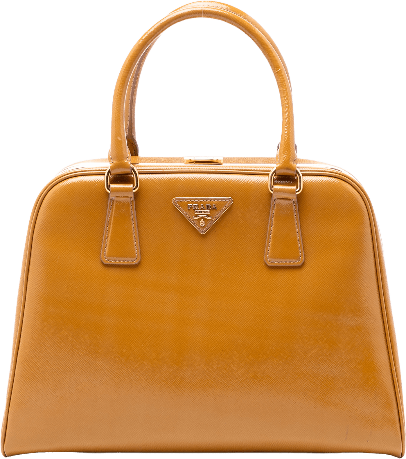 Prada Saffiano Vernice Pyramid Frame Handbag, från Luxclusif, i färgen caramel.