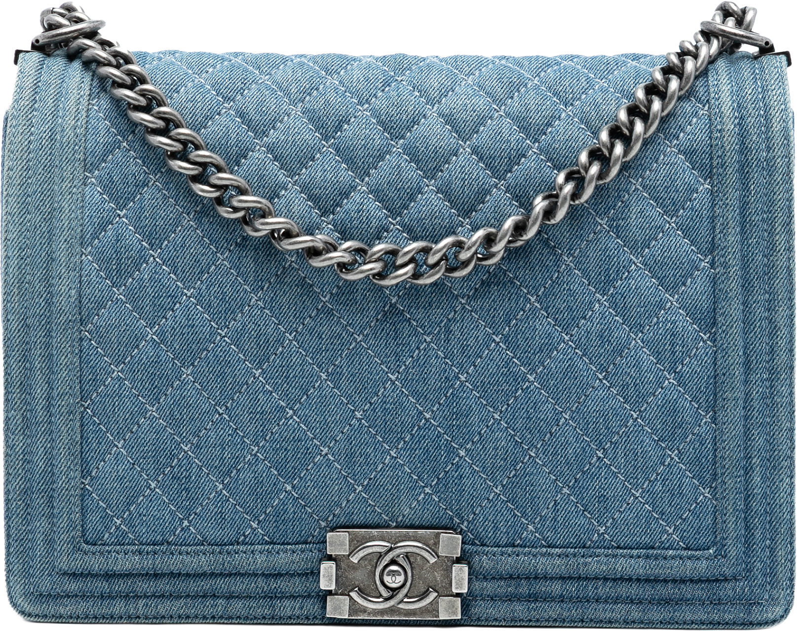 Chanel Large Quilted Denim Boy Flap, från Luxclusif, i färgen denim.