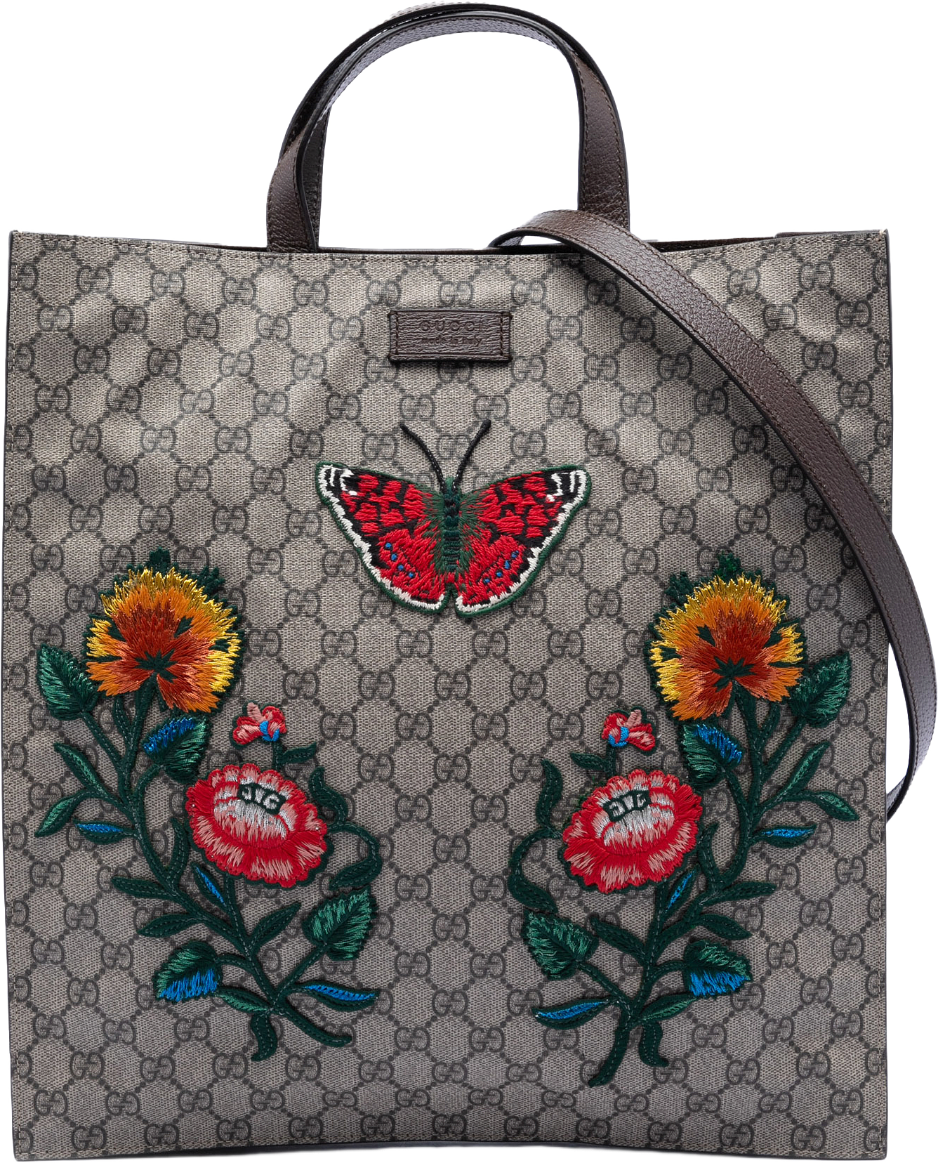 Gucci Gg Supreme Butterfly And Flower Embroidery Convertible Soft Tote, från Luxclusif, i färgen beige.