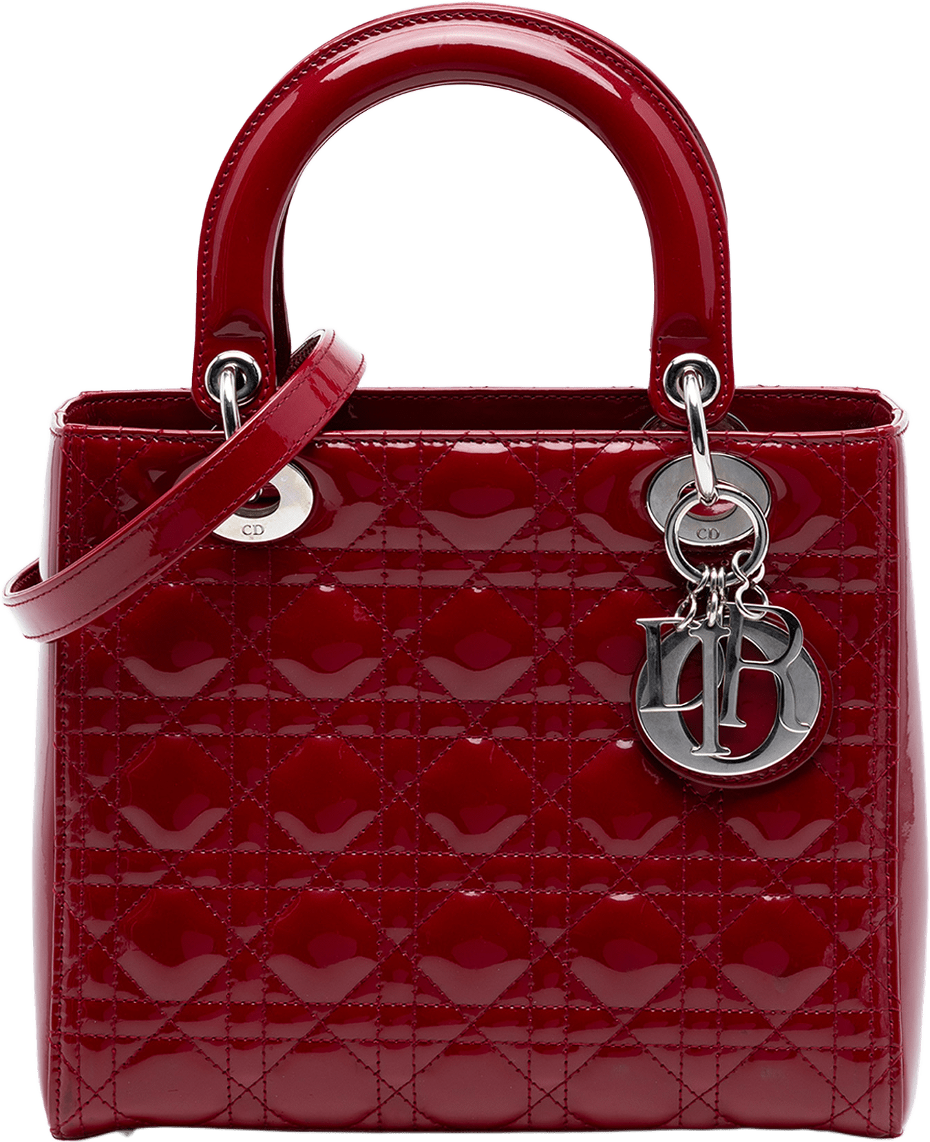 Dior Medium Patent Cannage Lady Dior, från Luxclusif, i färgen dark red.