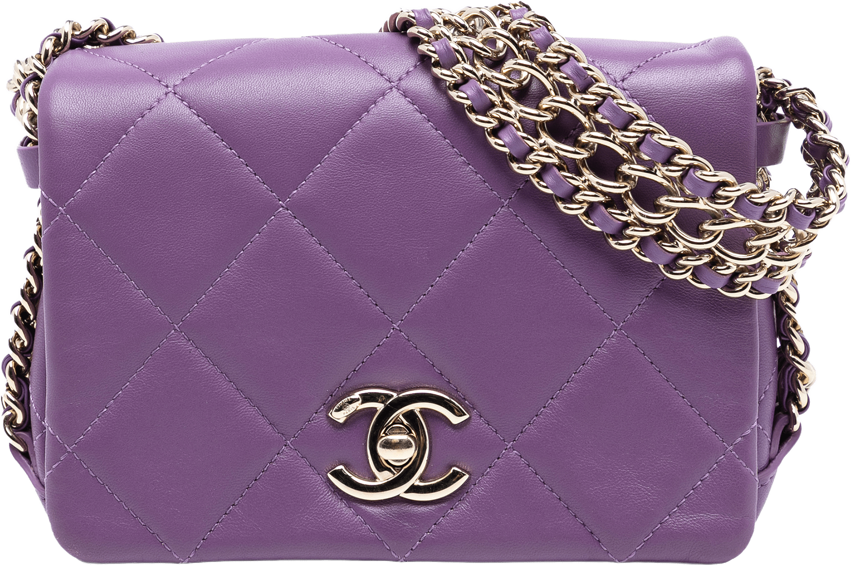 Chanel Mini Lambskin Triple Chain Full Flap, från Luxclusif, i färgen purple.