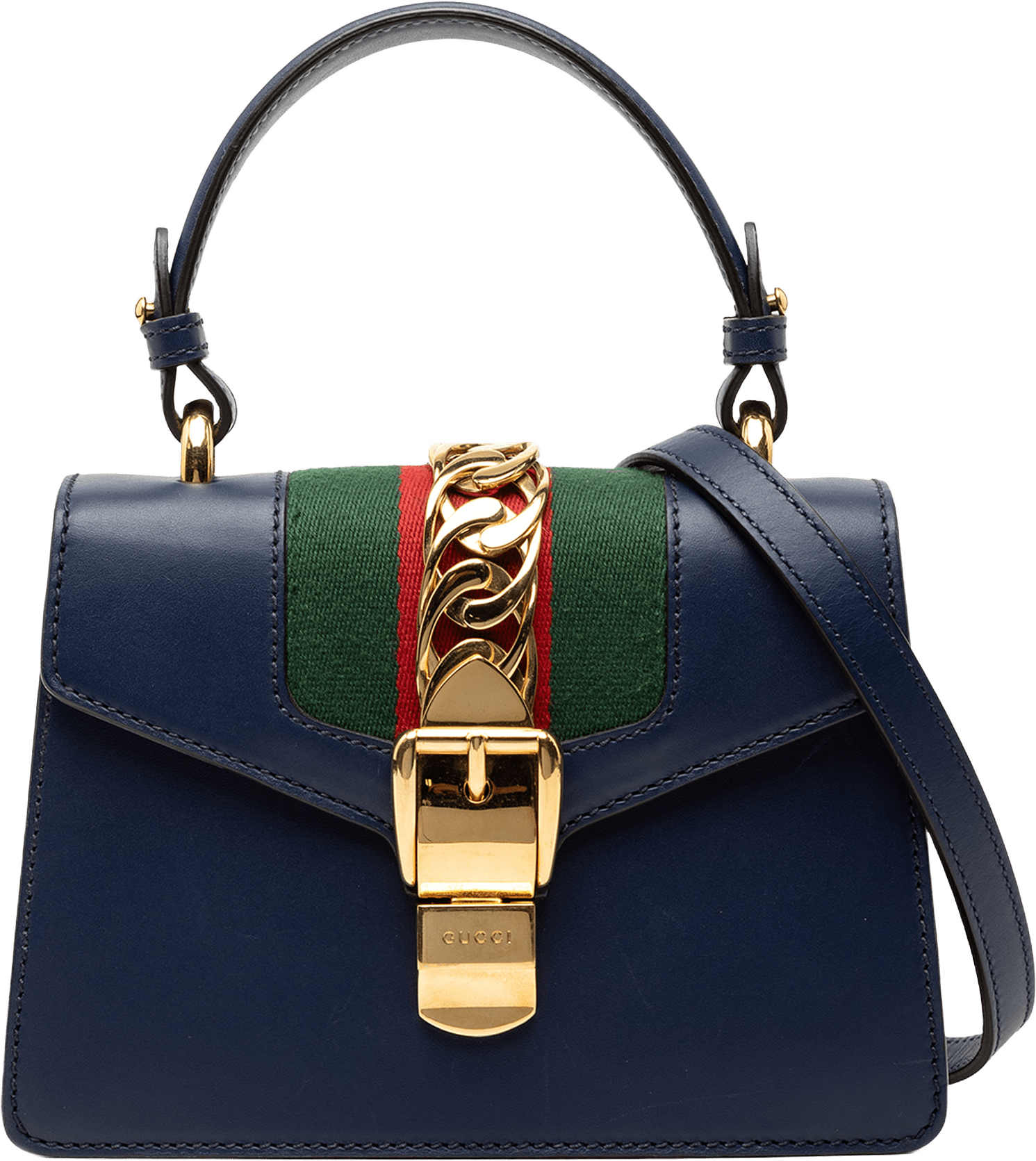 Gucci Mini Leather Sylvie Satchel, från Luxclusif, i färgen navy.
