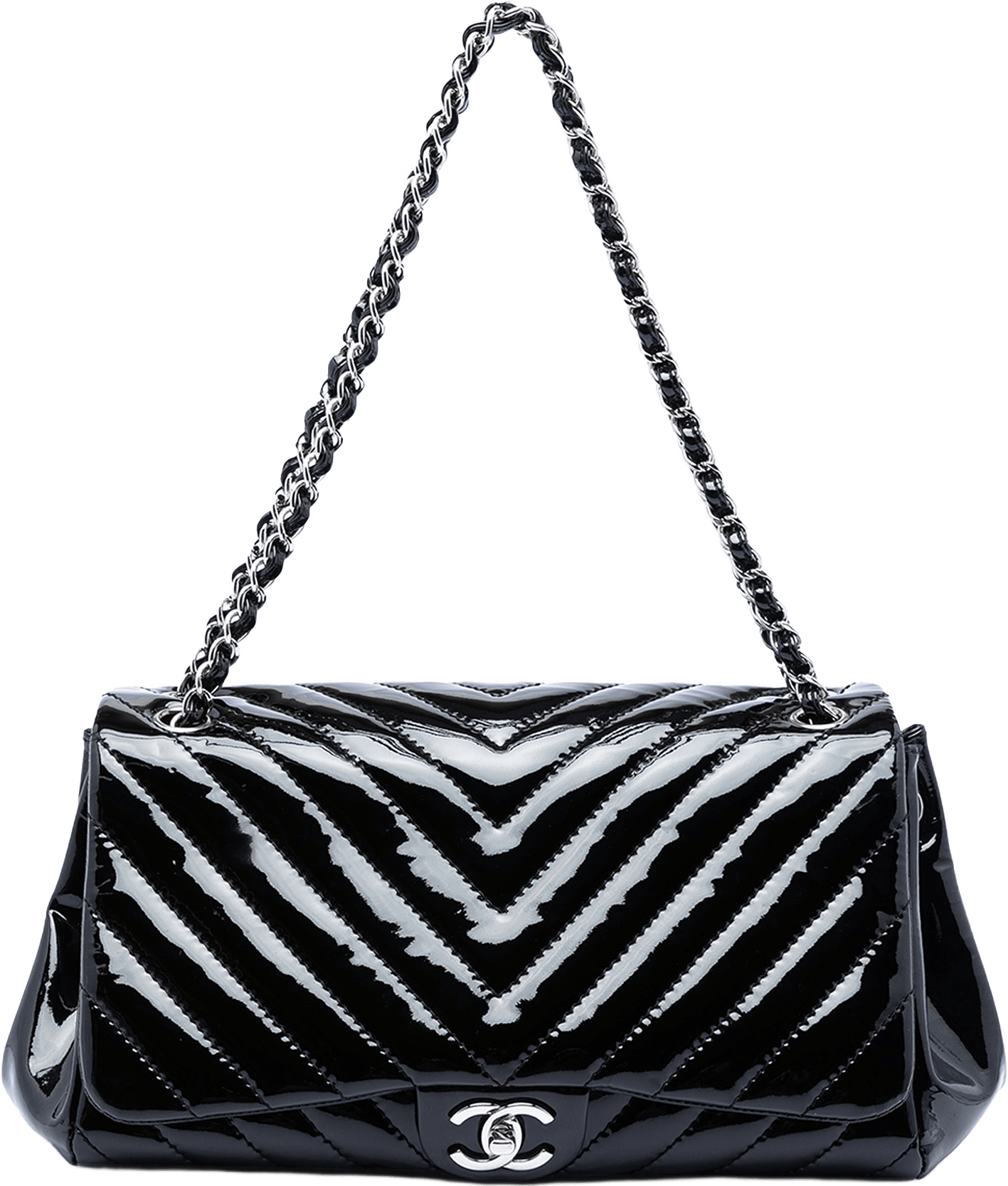 Chanel Cc Chevron Patent Accordion Flap, från Luxclusif, i färgen black.