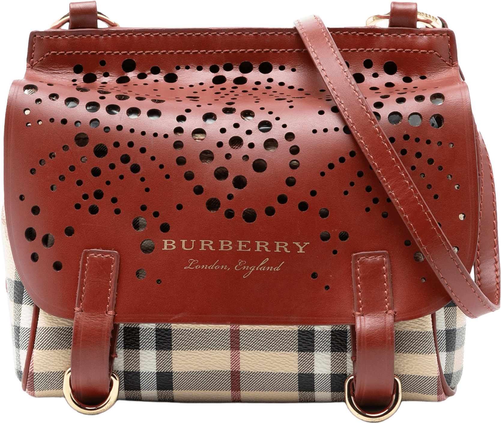 Burberry Baby Haymarket Check Coated Canvas And Perforated Leather Bridle Crossbody, från Luxclusif, i färgen beige.