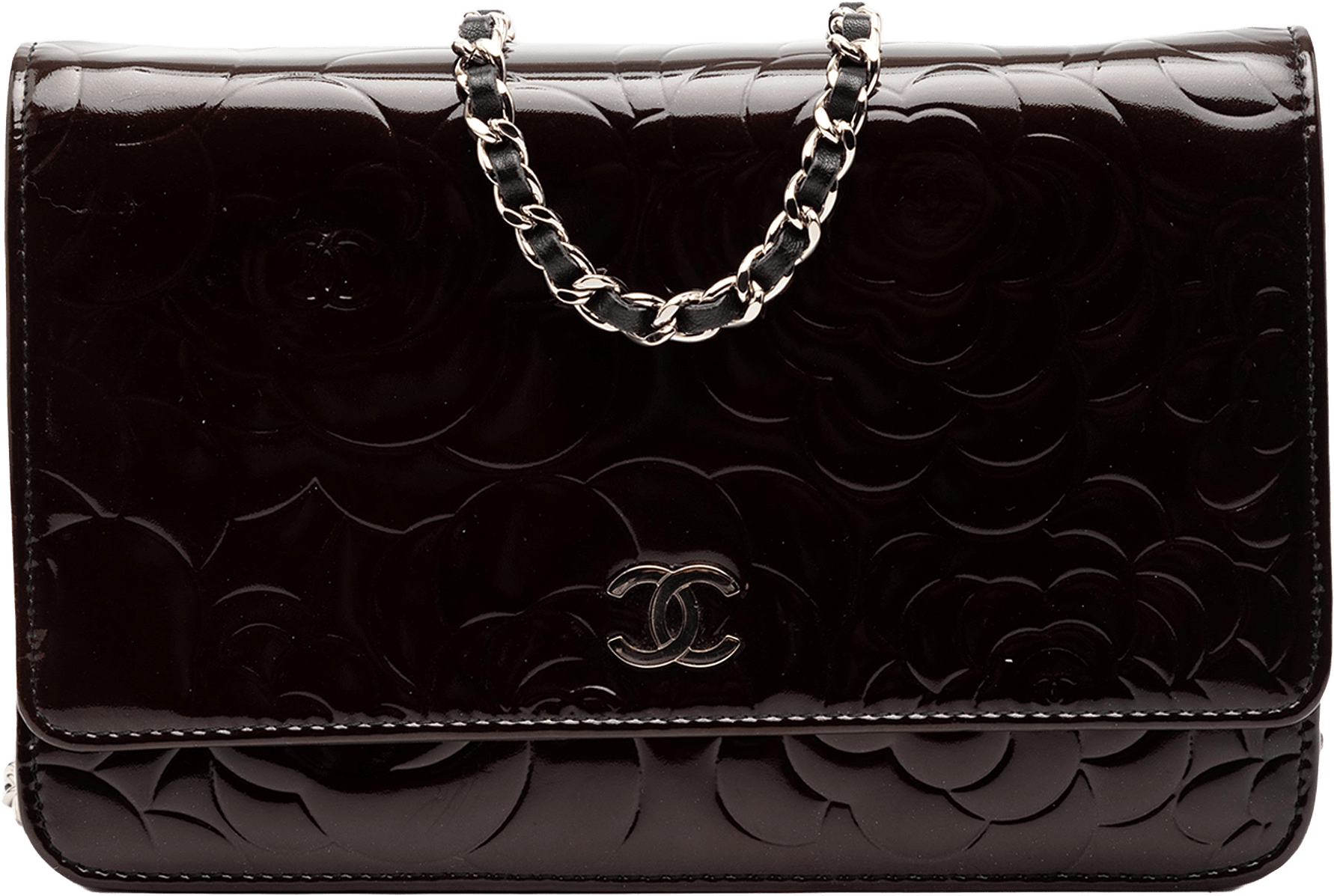 Chanel Cc Embossed Patent Camellia Wallet On Chain, från Luxclusif, i färgen dark brown.