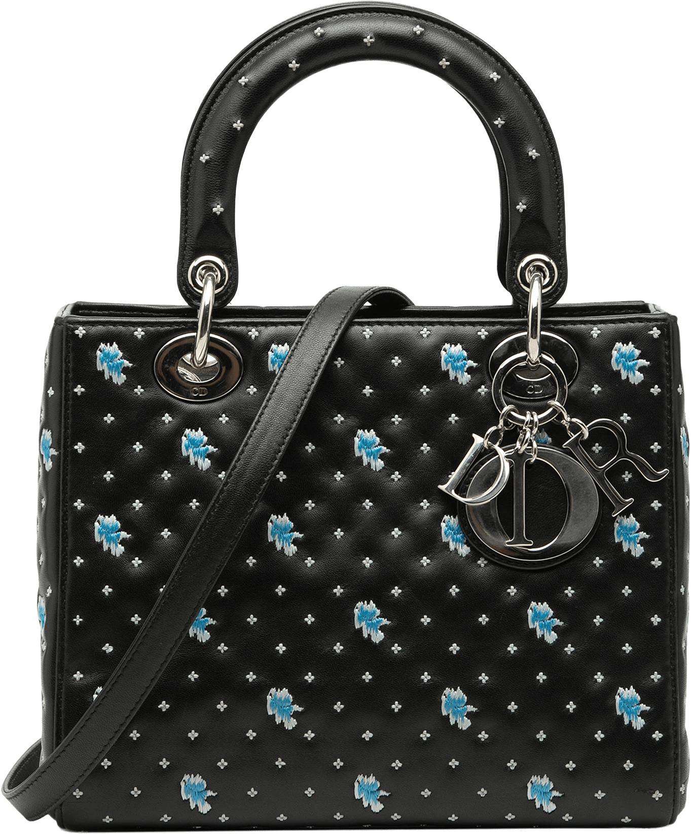 Dior Medium Calfskin Embroidered Flower Lady Dior, från Luxclusif, i färgen black.