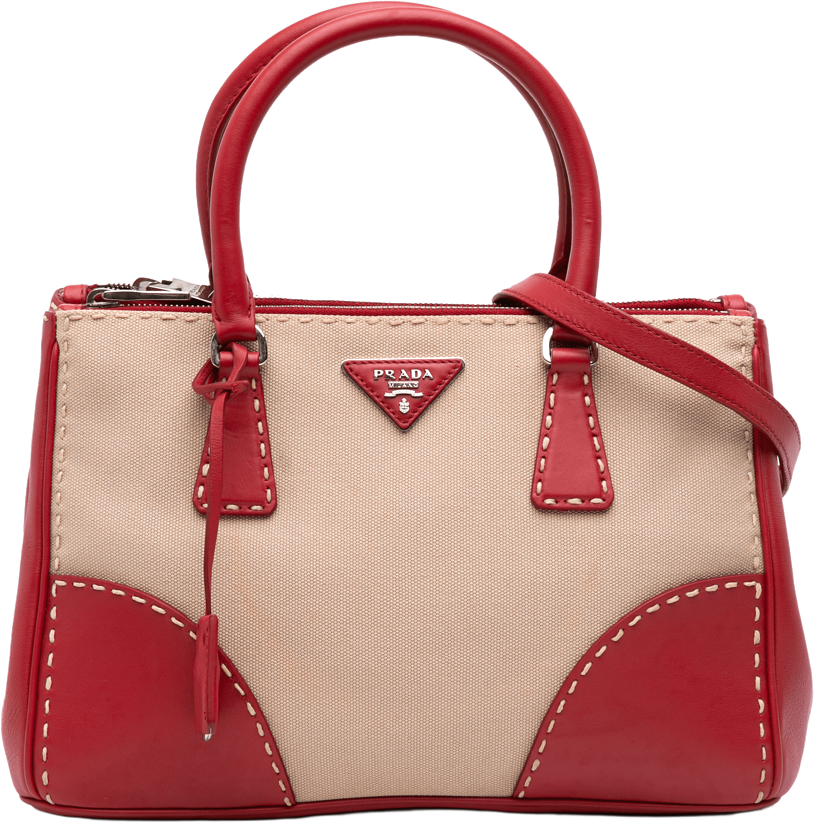 Prada Small Canvas And City Calf Hand Stitched Galleria Double Zip Satchel, från Luxclusif, i färgen beige.