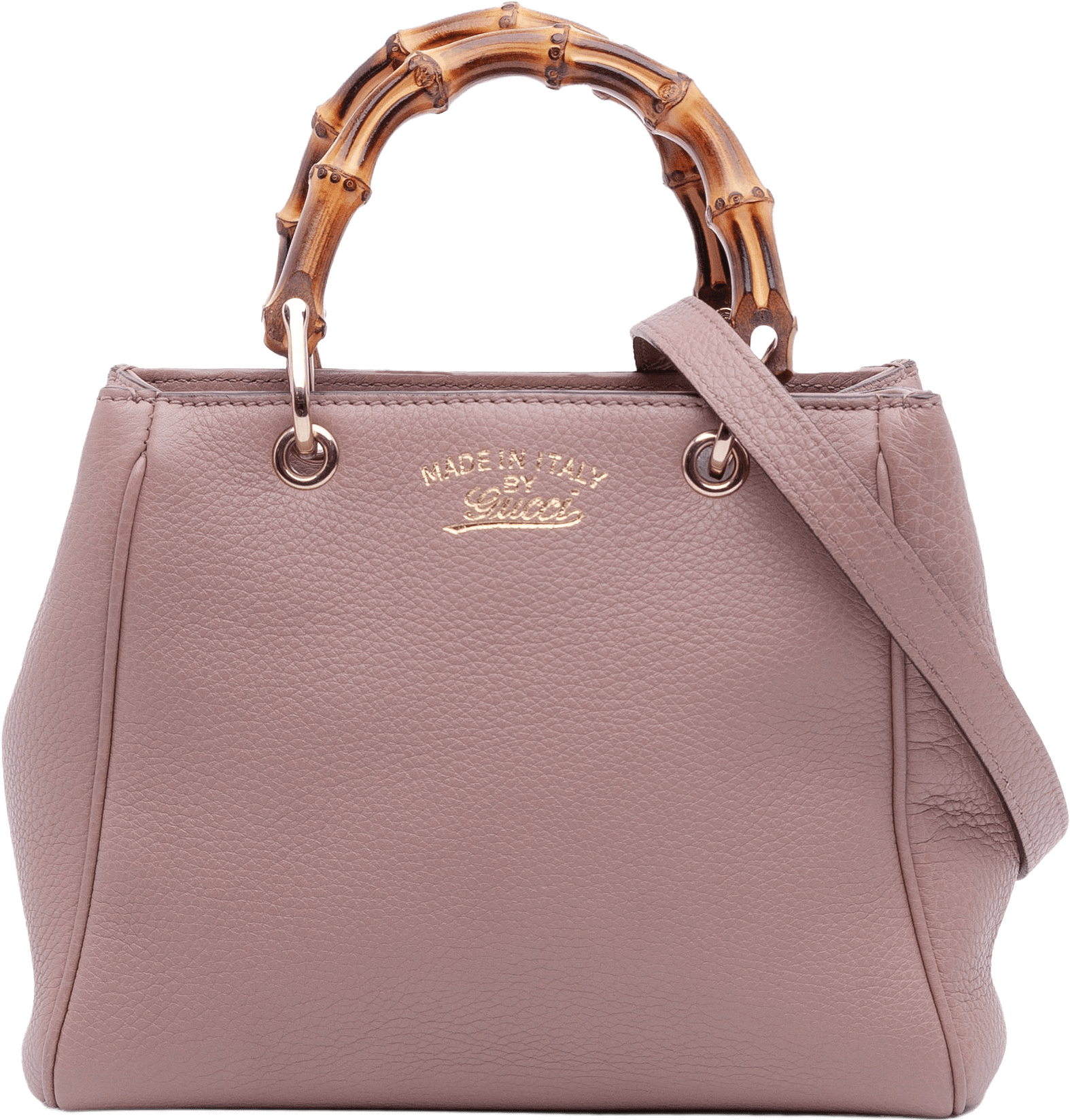 Gucci Mini Calfskin Bamboo Shopper Satchel, från Luxclusif, i färgen lily.