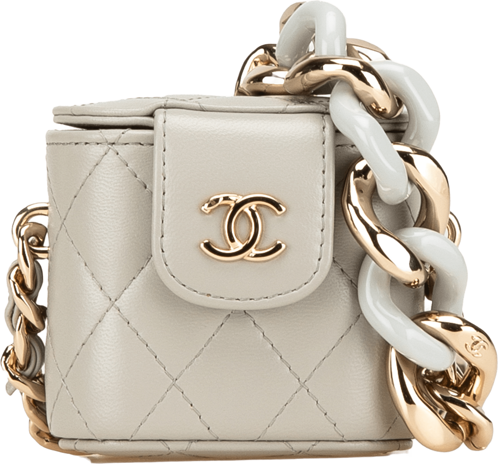 Chanel Mini Lambskin Elegant Chain Vanity Case, från Luxclusif, i färgen light gray.