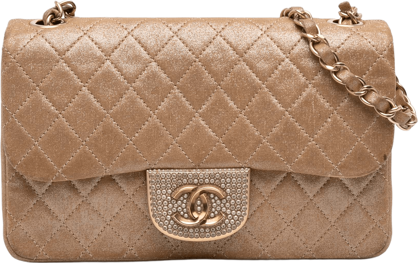Chanel Small Quilted Iridescent Lambskin Pearl Cc Crystal Flap, från Luxclusif, i färgen gold.