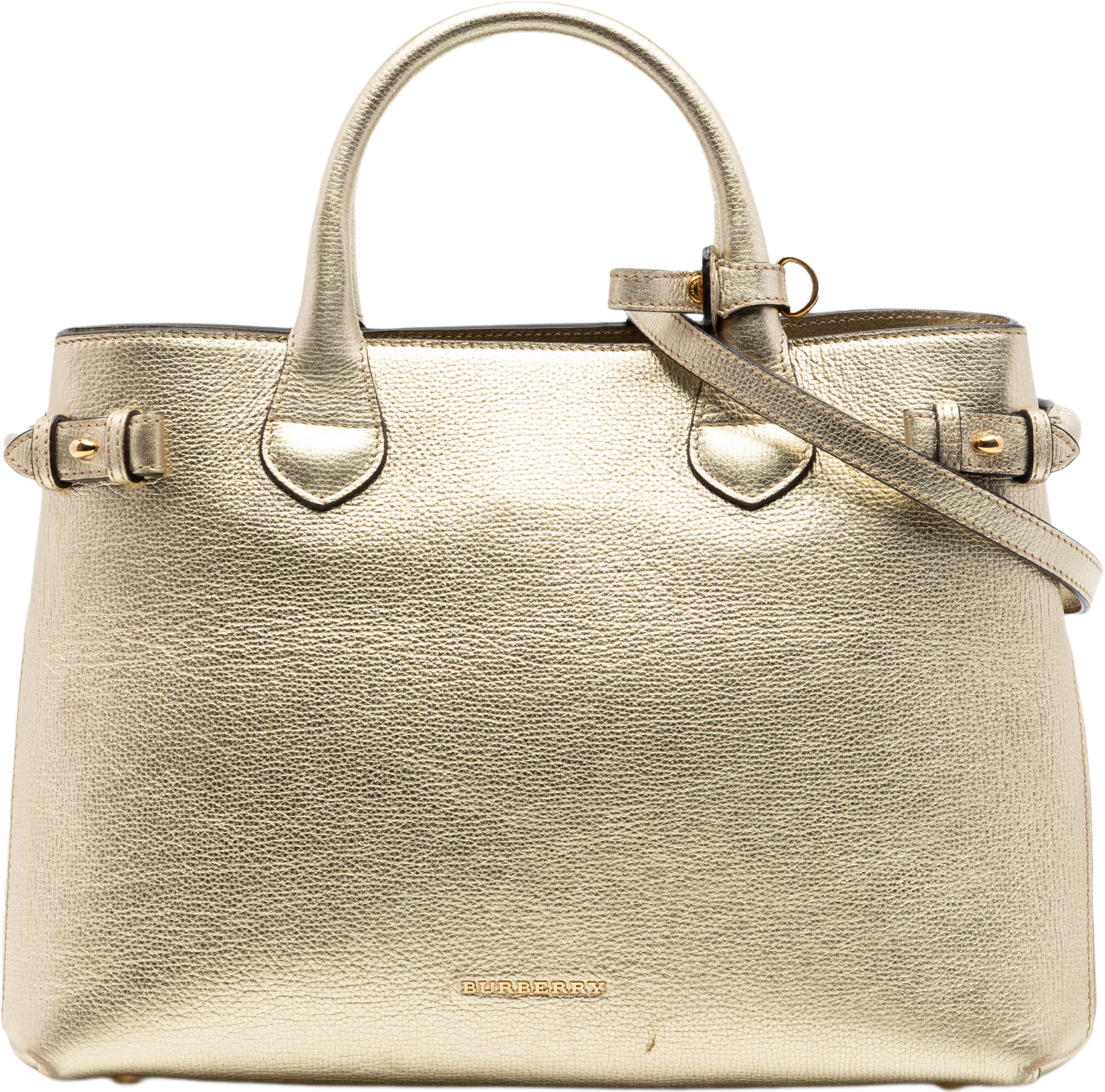 Burberry Medium Metallic Leather And House Check Banner Satchel, från Luxclusif, i färgen gold.