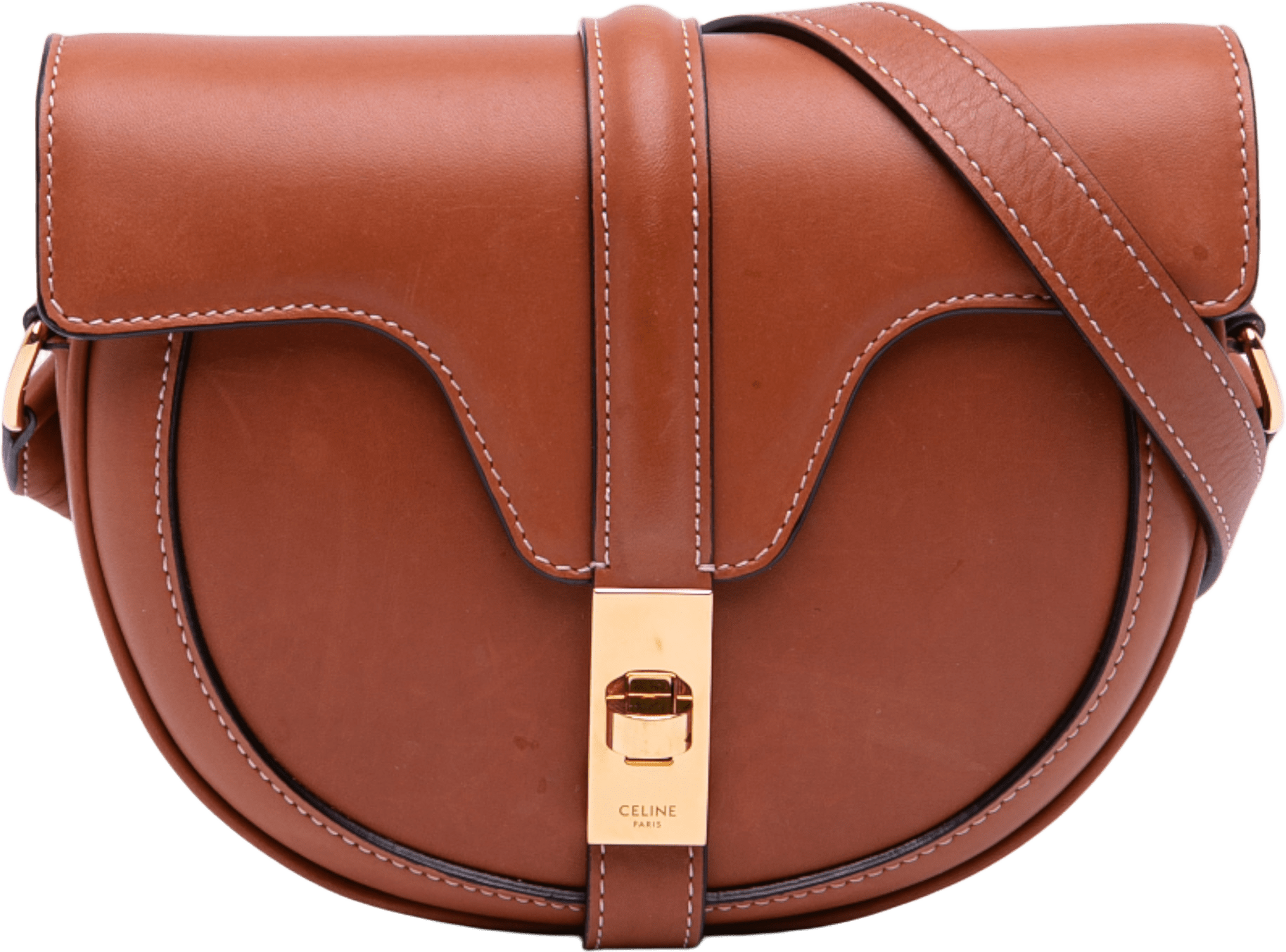 Celine Small Calfskin Besace 16 Crossbody, från Luxclusif, i färgen light brown.