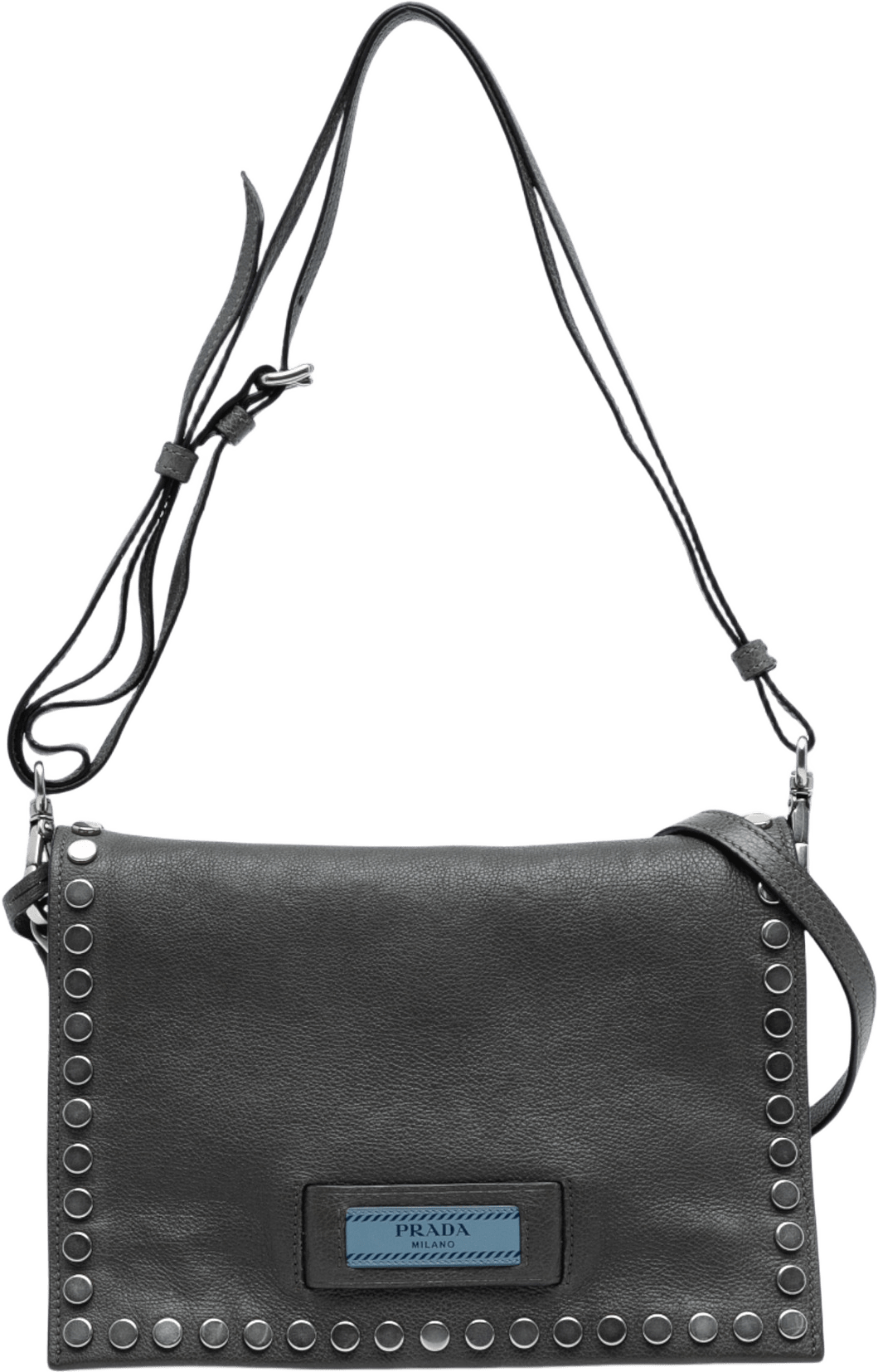 Prada Glace Calfskin Studded Etiquette Flap, från Luxclusif, i färgen dark gray.