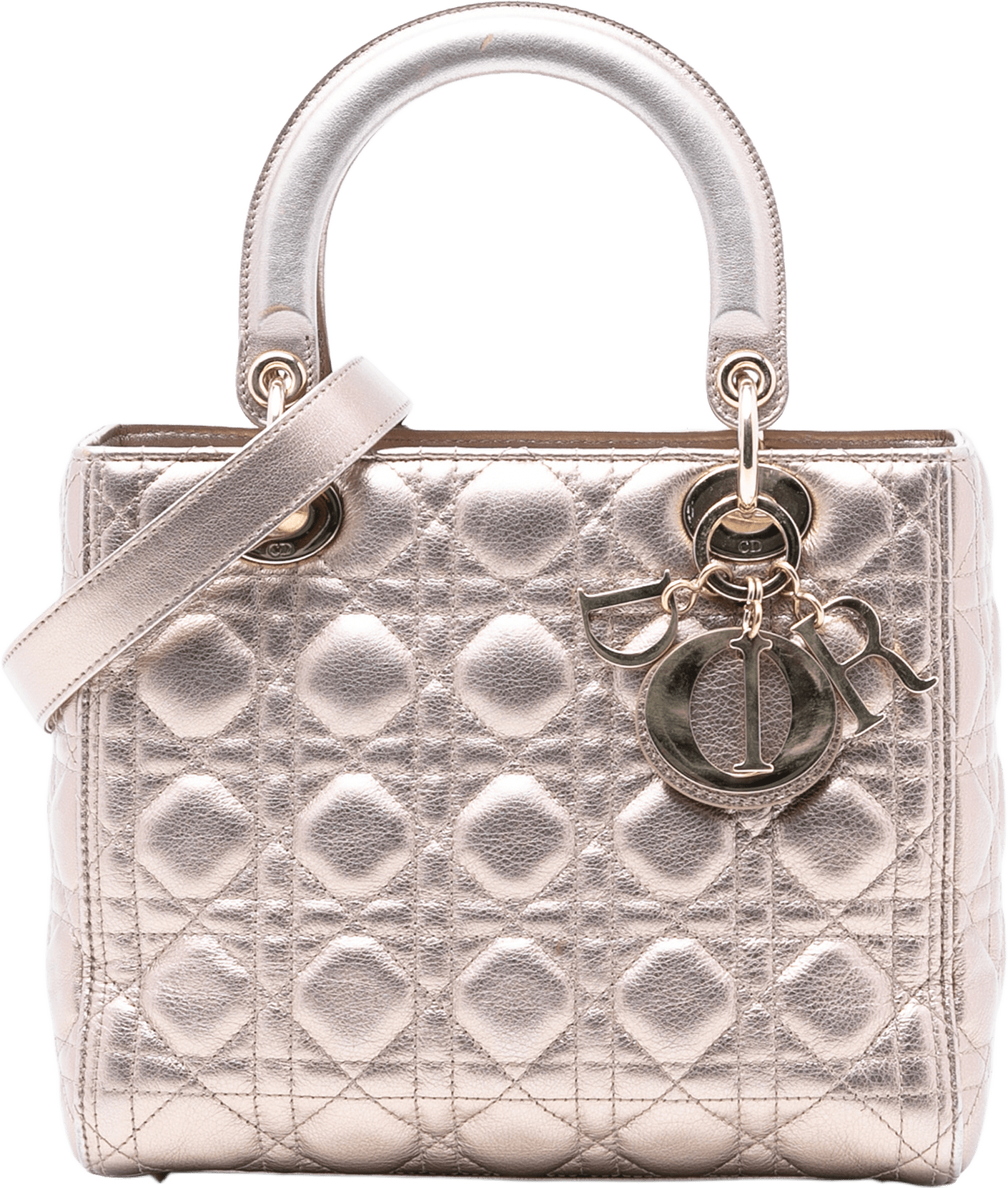 Dior Medium Metallic Lambskin Cannage Lady Dior, från Luxclusif, i färgen rose gold.