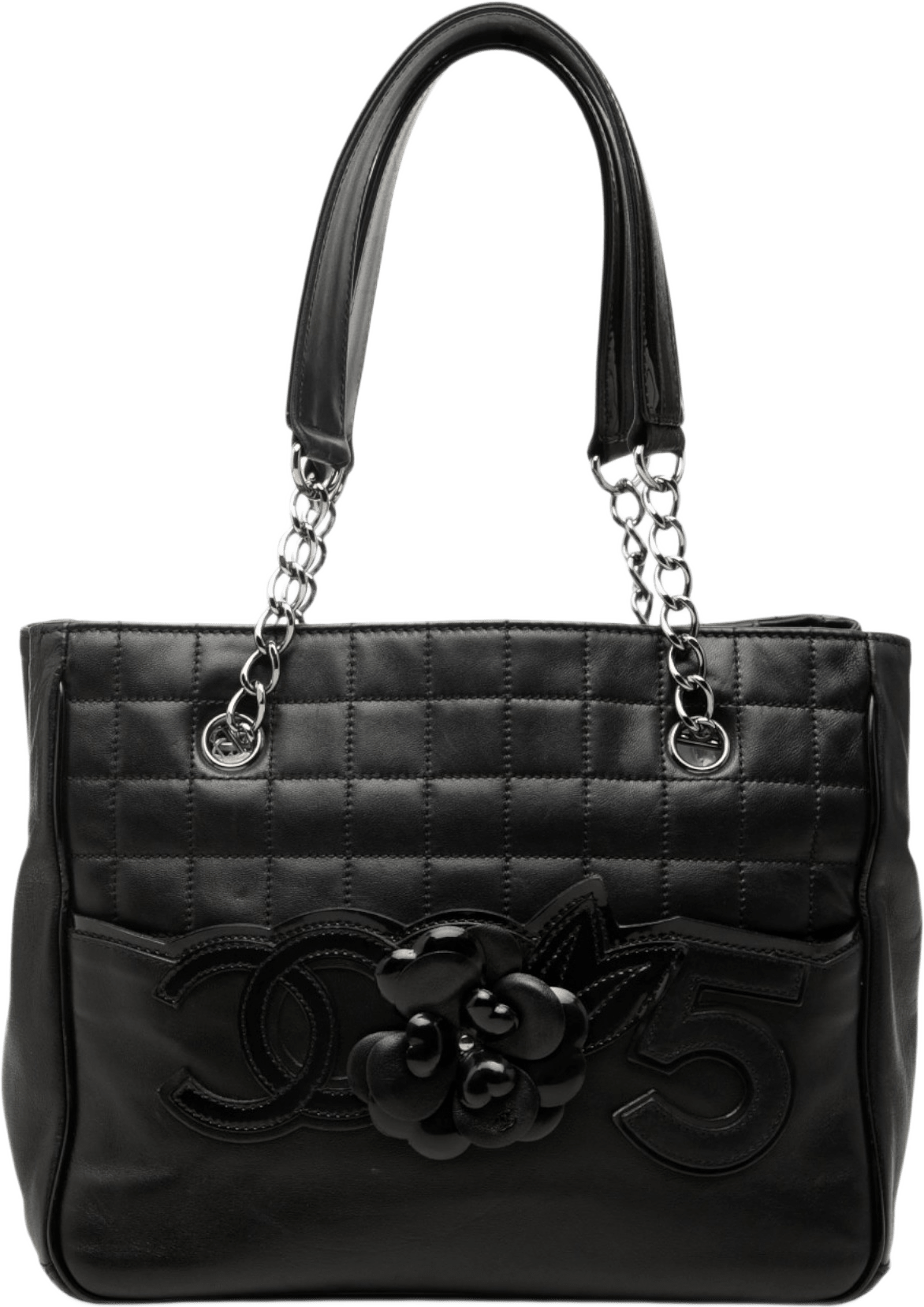 Chanel Cc Choco Bar Lambskin Camellia No 5 Tote, från Luxclusif, i färgen svart.