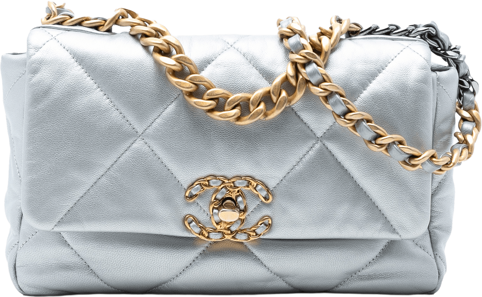 Chanel Medium Metallic Lambskin 19 Flap, från Luxclusif, i färgen silver.