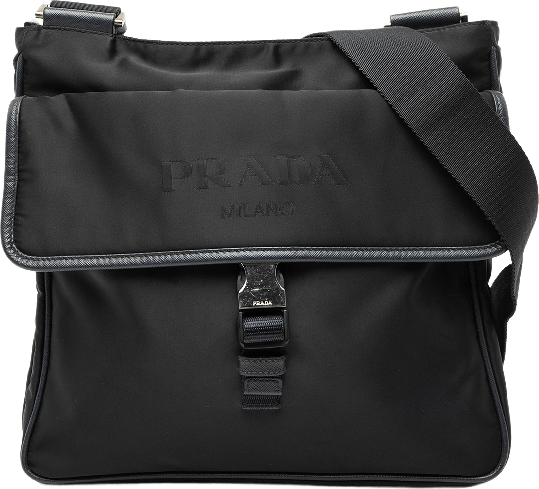 Prada Saffiano Trimmed Tessuto Zip Top Crossbody, från Luxclusif, i färgen black.
