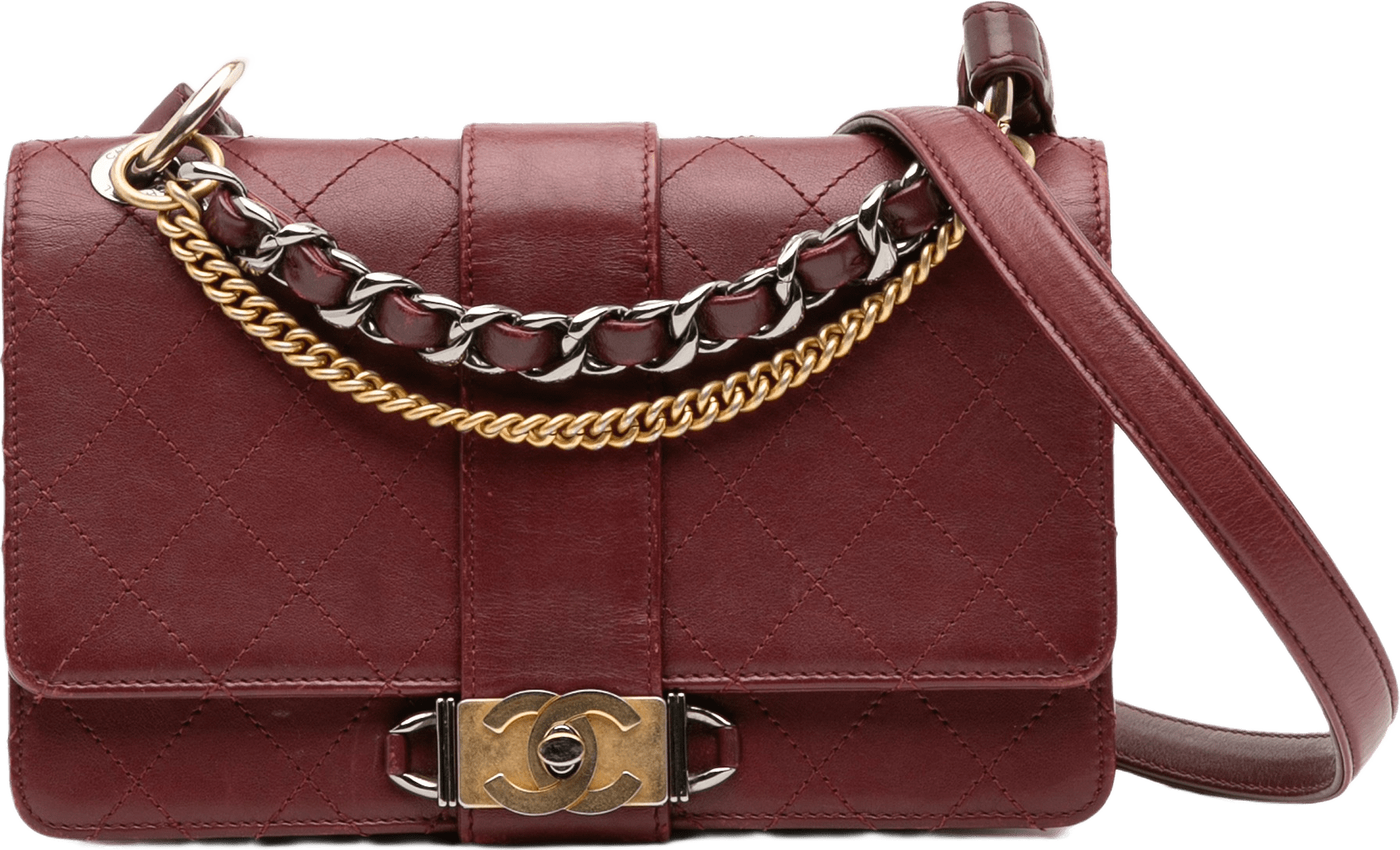 Chanel Cc Stitched Calfskin Chain Flap, från Luxclusif, i färgen dark red.