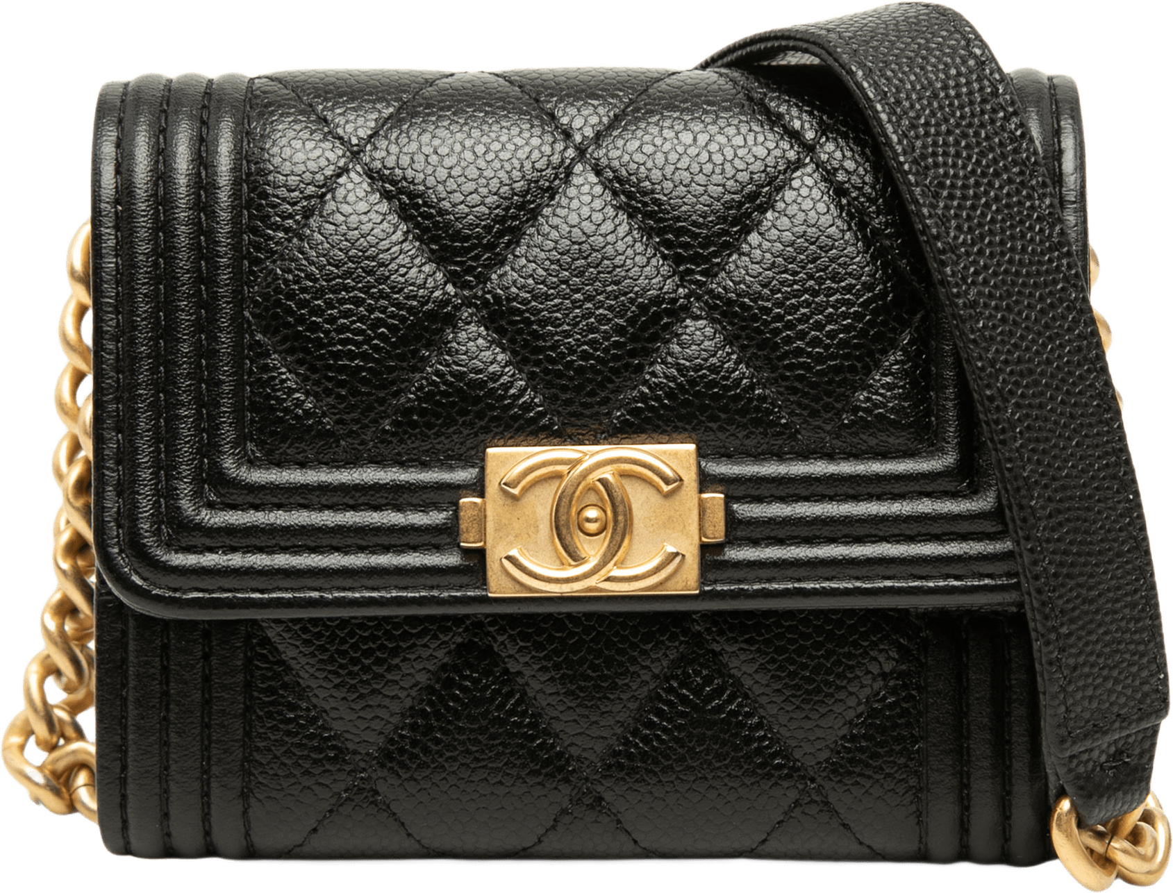 Chanel Quilted Caviar Boy Card Holder With Chain, från Luxclusif, i färgen svart.
