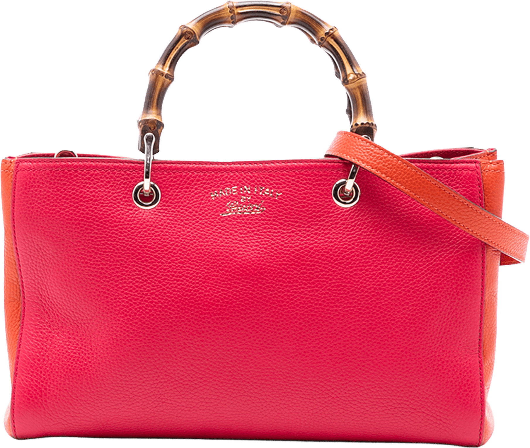 Gucci Medium Bicolor Calfskin Bamboo Shopper Satchel, från Luxclusif, i färgen strawberry.