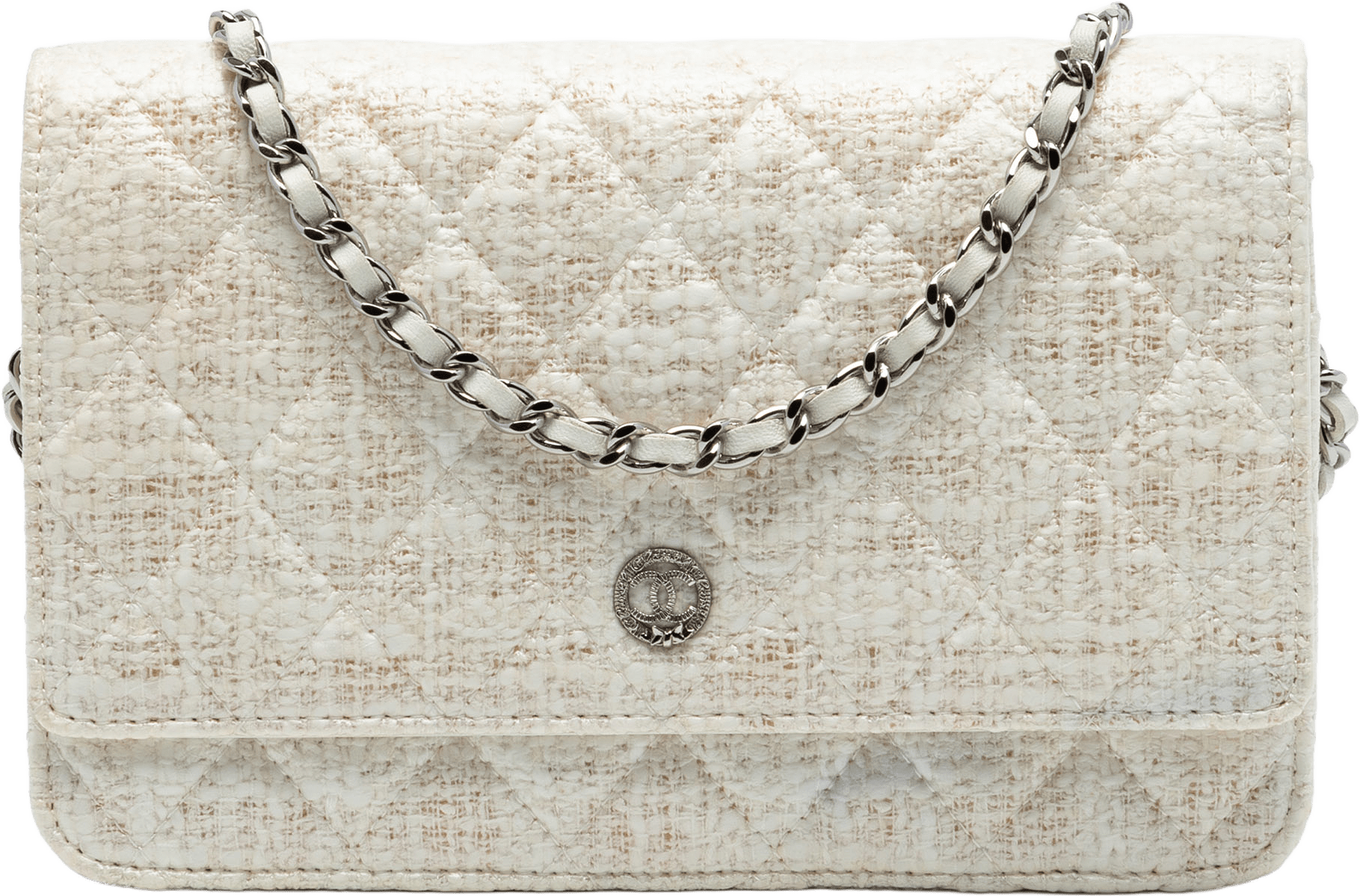 Chanel Cc Coated Tweed Wallet On Chain, från Luxclusif, i färgen light beige.