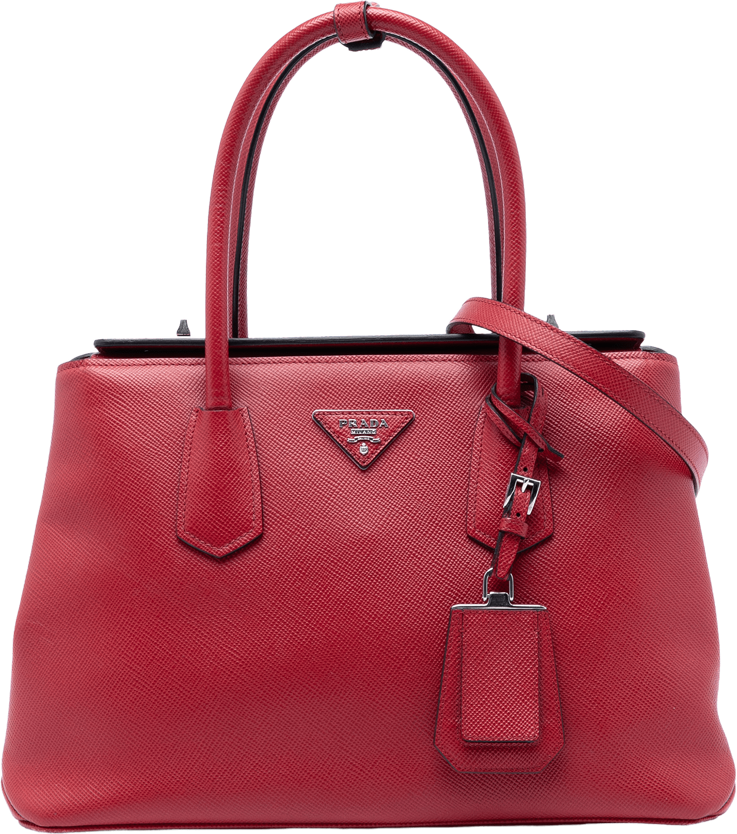 Prada Saffiano Cuir Turnlock Twin Satchel, från Luxclusif, i färgen red.