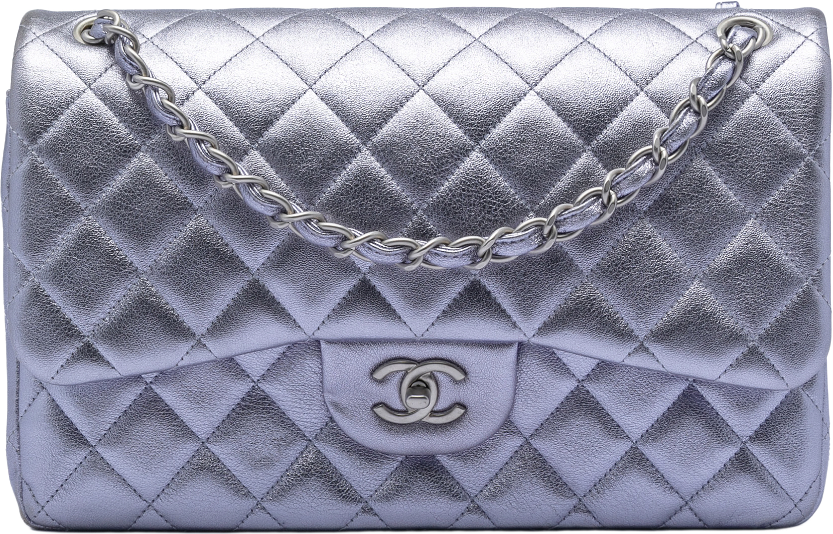 Chanel Jumbo Classic Metallic Lambskin Double Flap, från Luxclusif, i färgen light purple.
