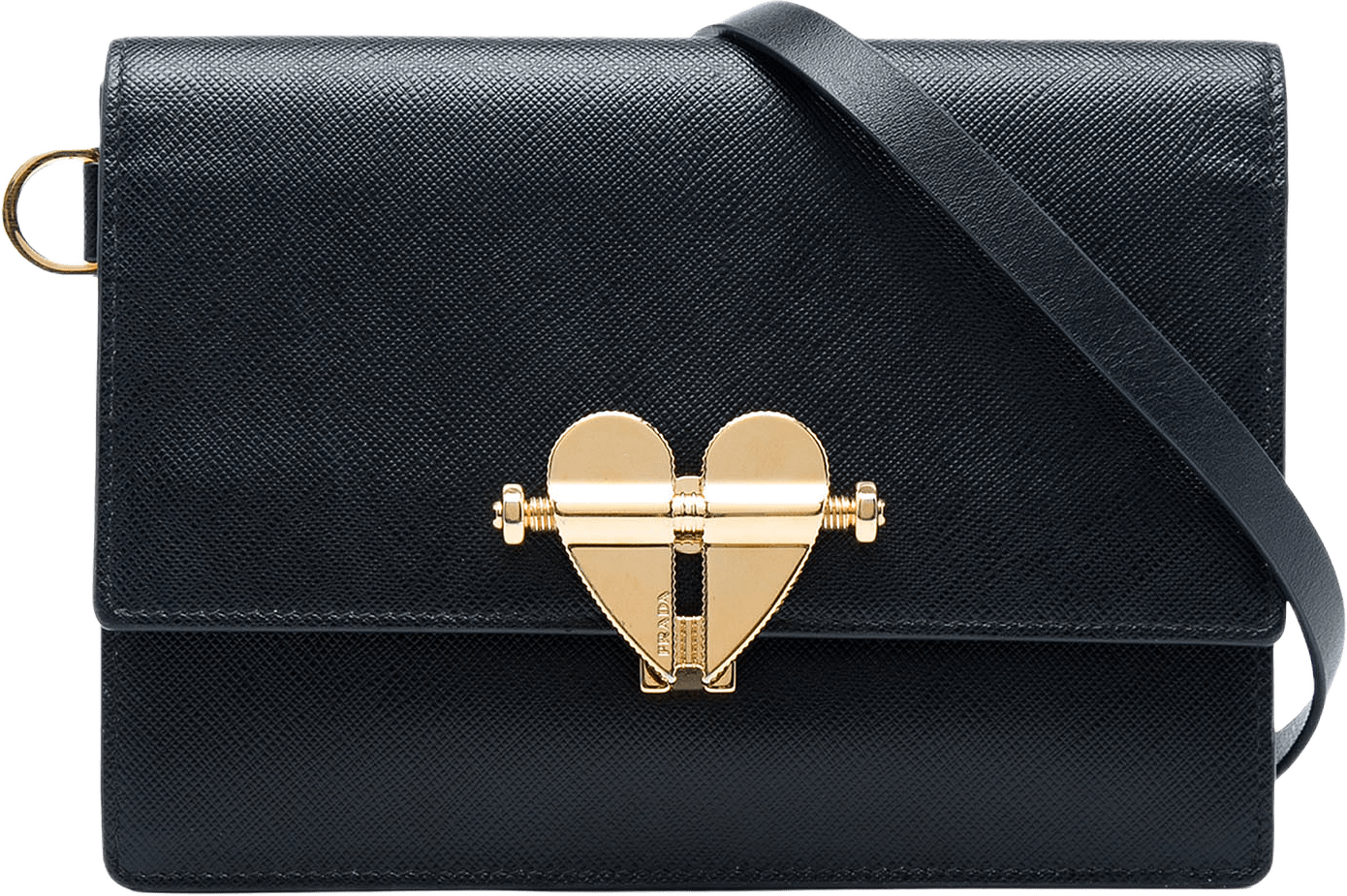 Prada Saffiano Heart Lock Crossbody, från Luxclusif, i färgen svart.